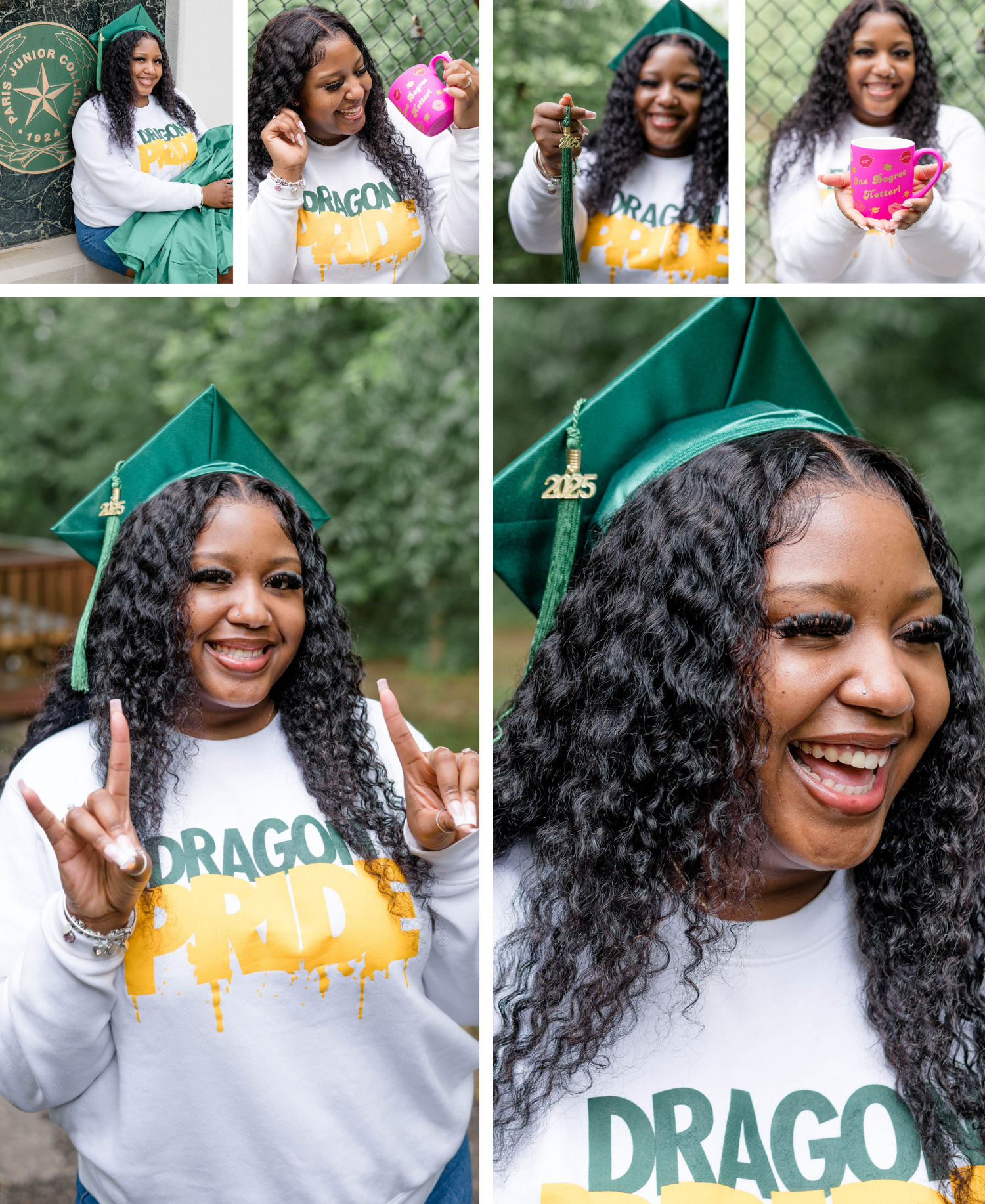 A graduation photo collage showing someone wearing a green cap and Dragons sweatshirt while posing with colorful balloons.