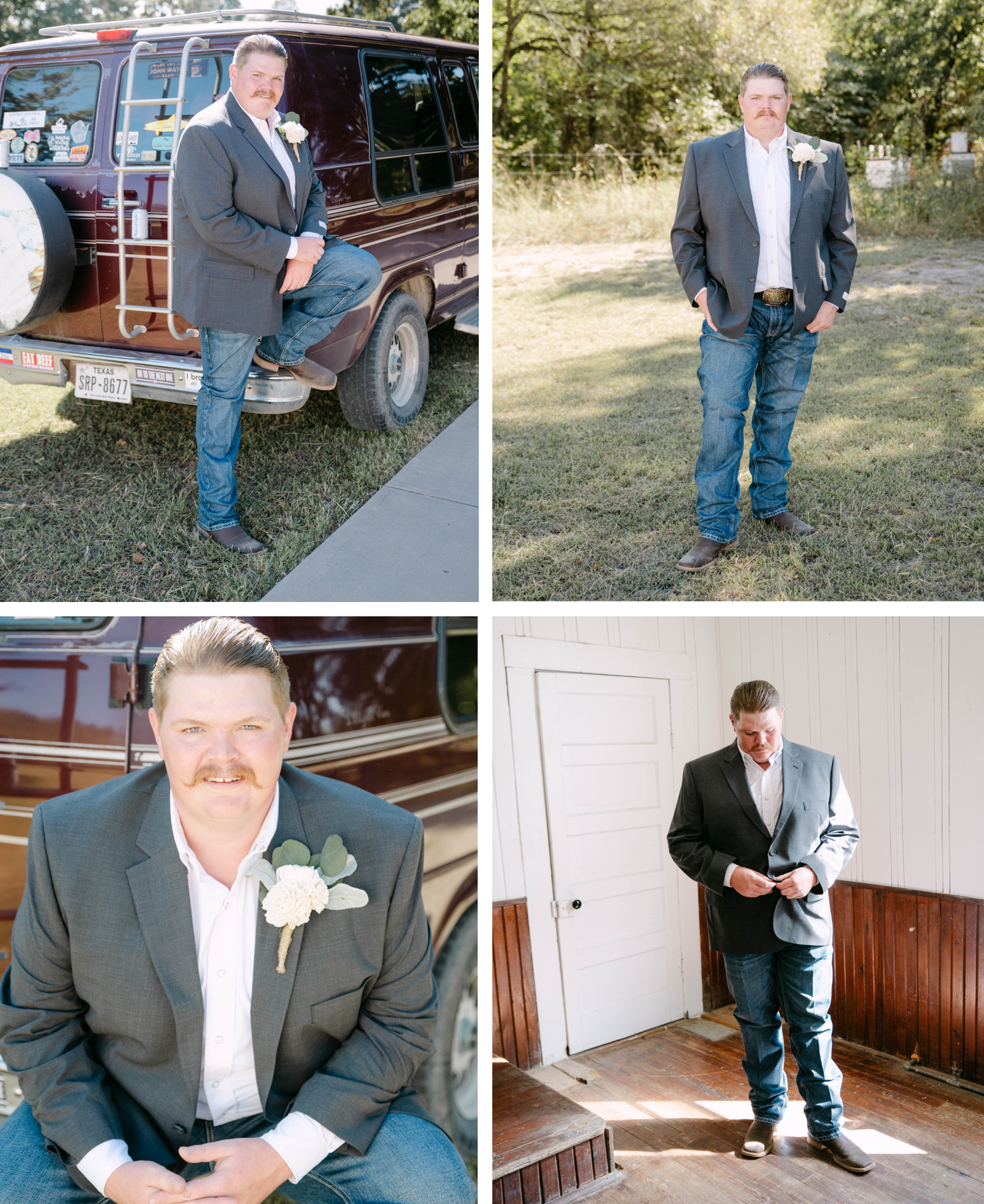 A person in a dark suit jacket and jeans poses in four different settings including near a truck and outdoors.