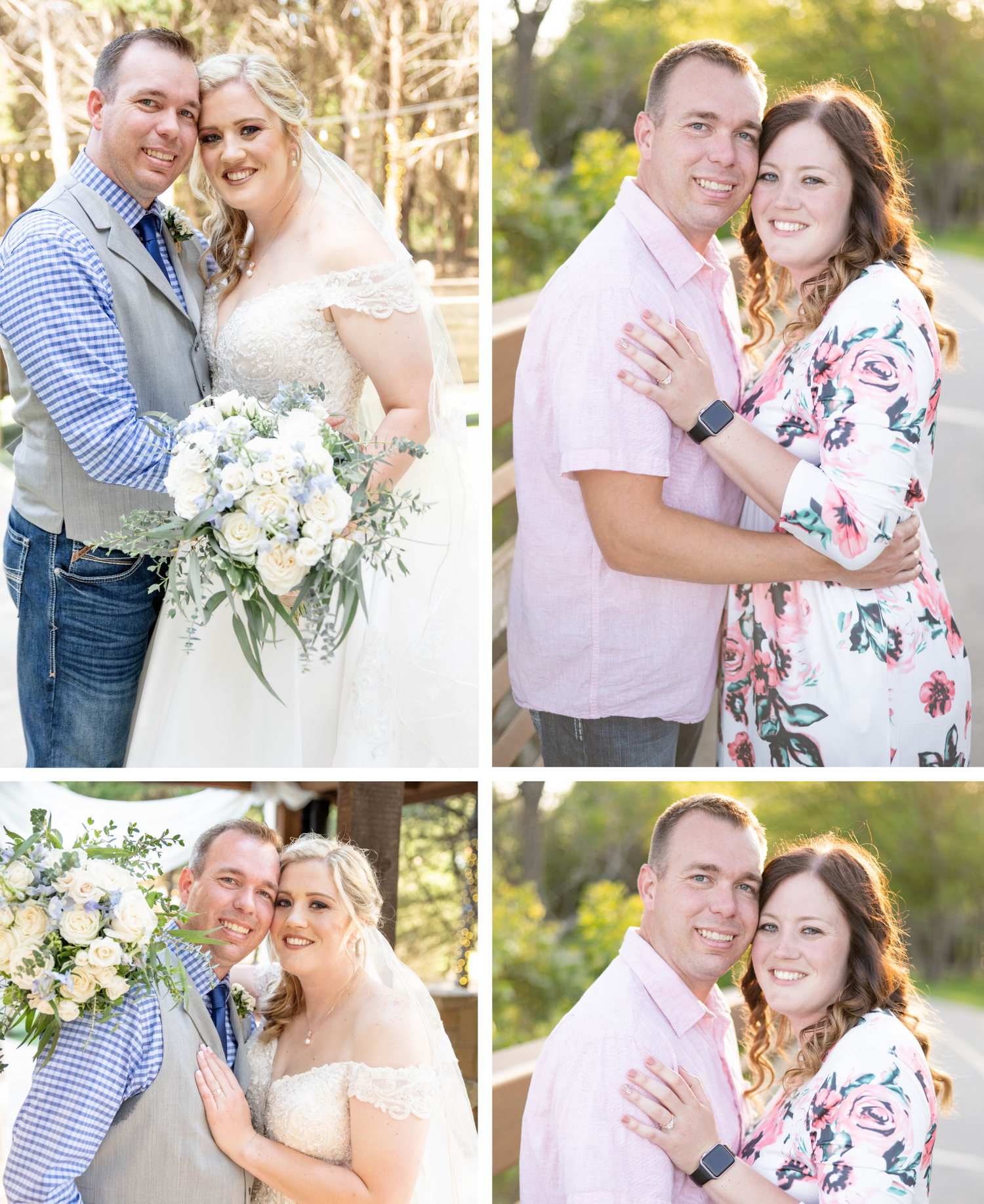 A loving couple poses in both formal wedding attire and casual floral outfits in a series of outdoor portraits.