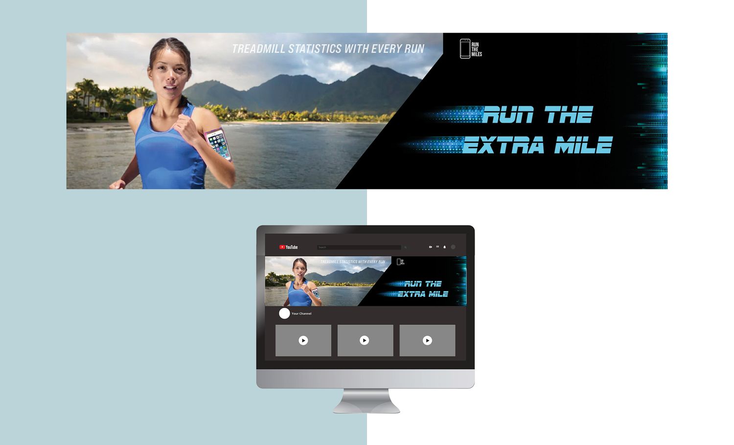 Fitness website banner design featuring scenic mountain landscape with motivational text about running.