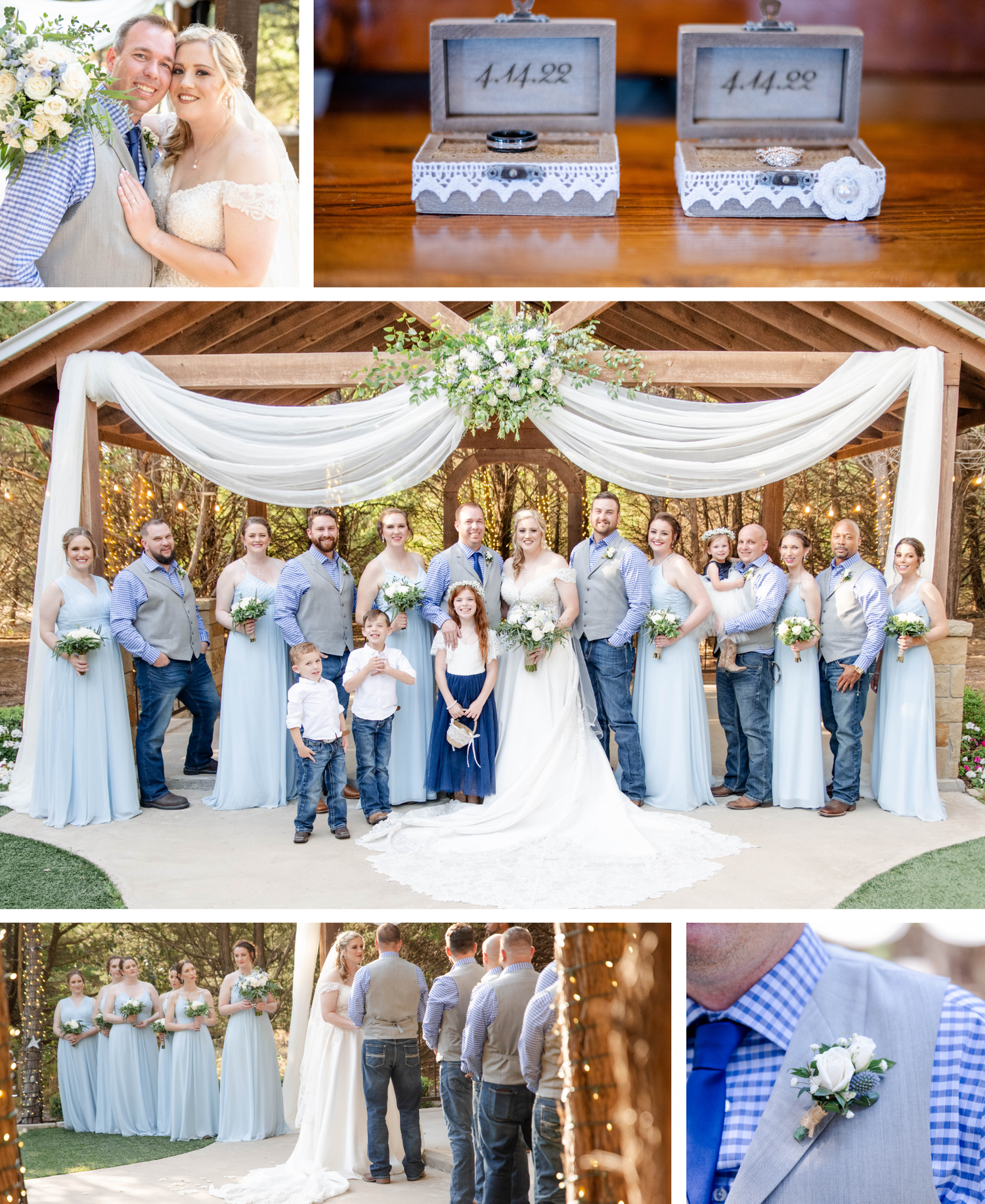 Country wedding featuring wedding party in light blue and denim colors with white draped ceremony arch outdoors.