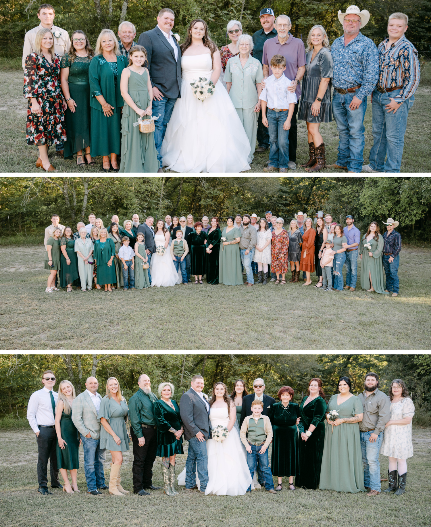 Large group of wedding guests pose together outdoors for formal family portraits in casual and formal attire.