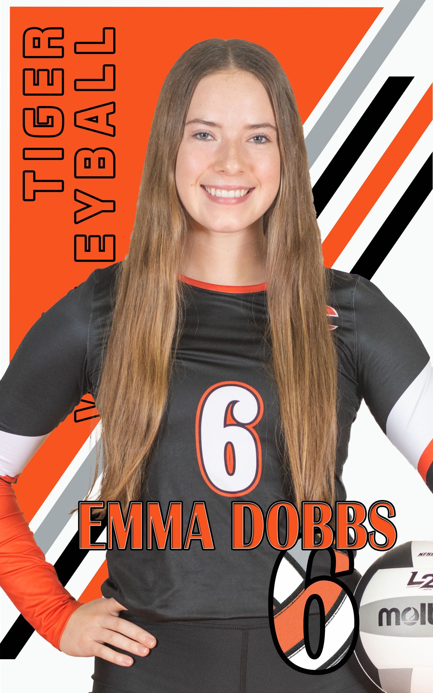 High school volleyball player wearing black jersey number 6 poses with ball against orange and black geometric background.