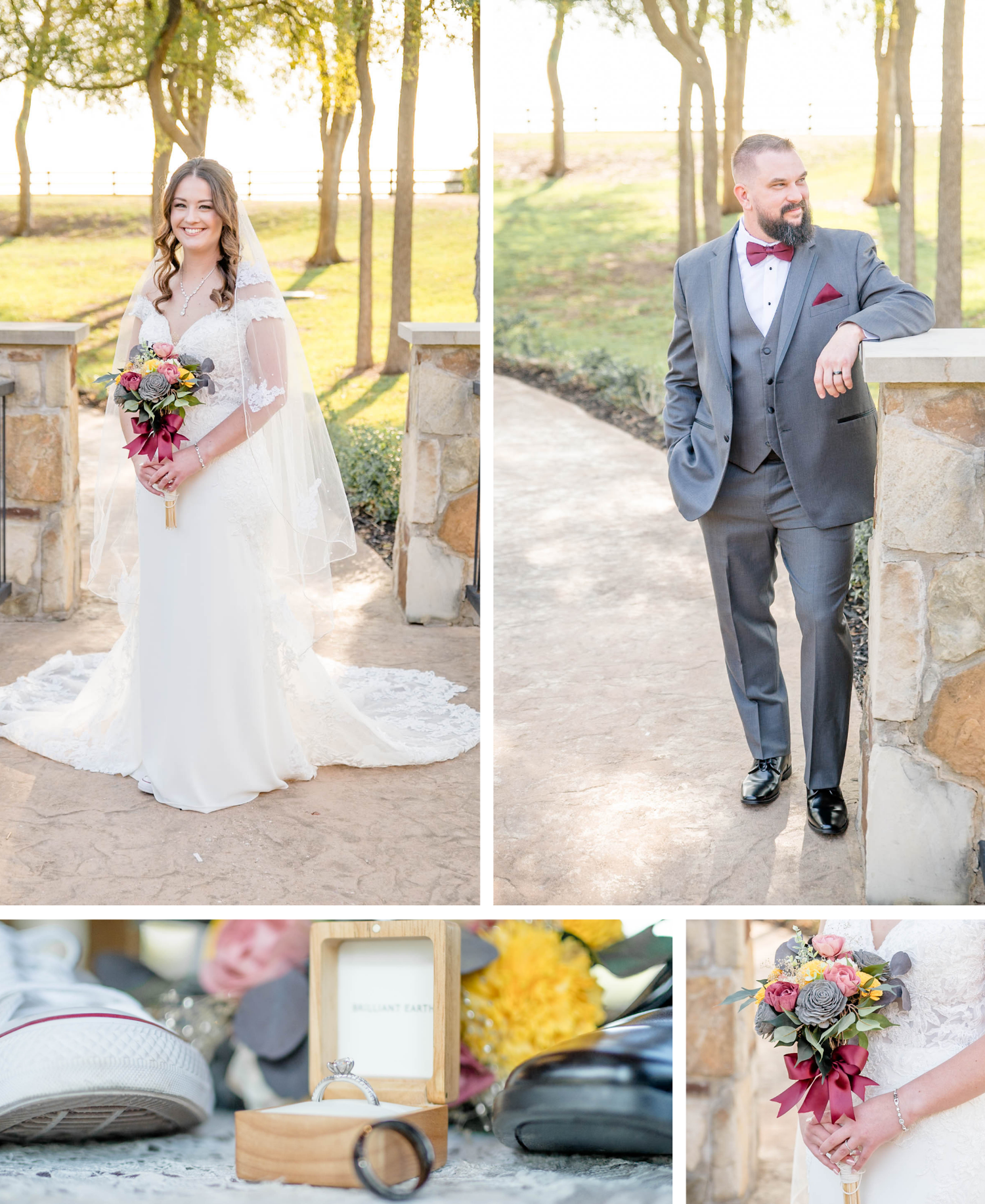 A wedding photo collage showing a beautiful outdoor venue with sunlit trees and wedding details including shoes and bouquet.