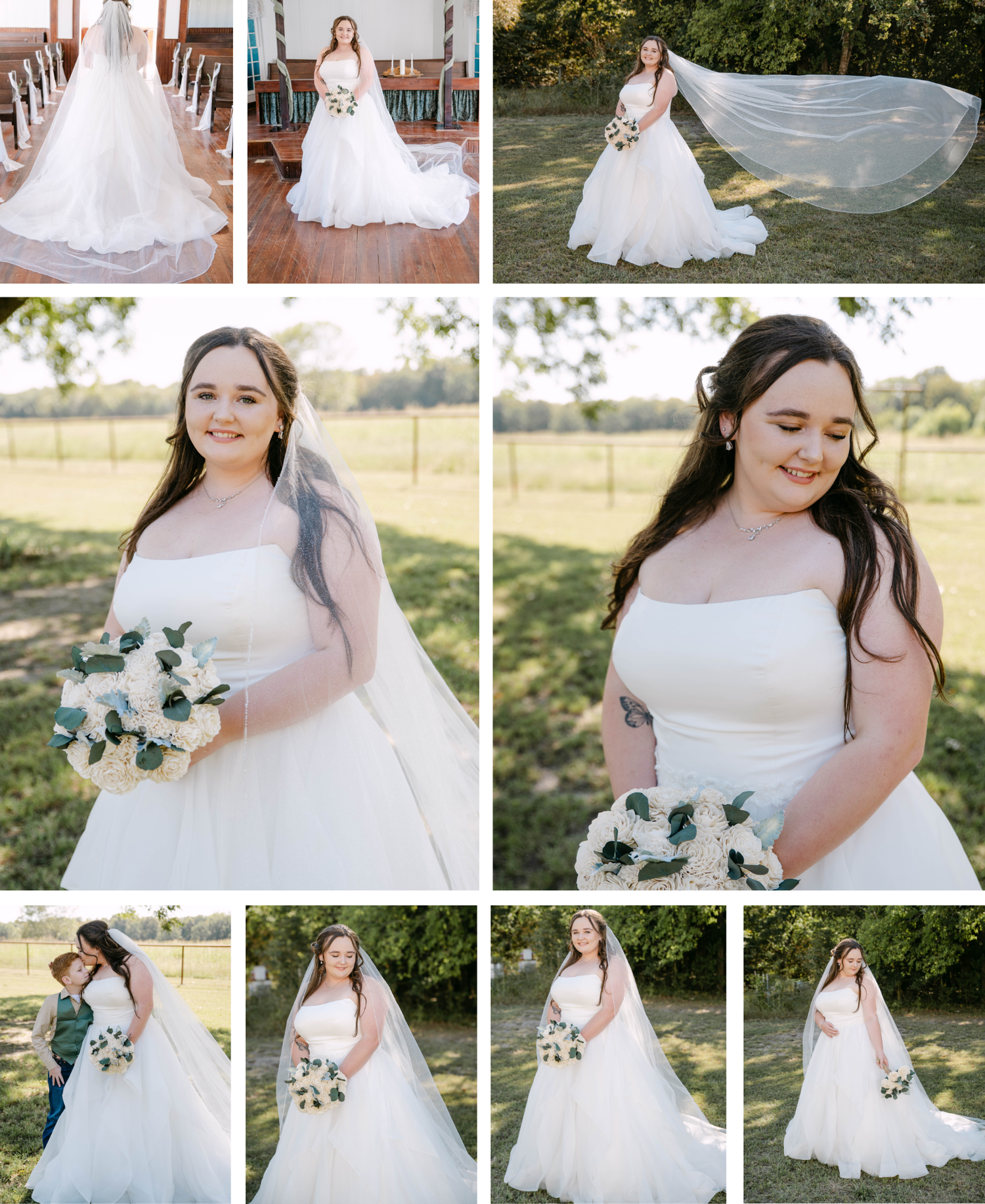 A stunning outdoor bridal portrait session featuring flowing white wedding gowns and delicate veils in a natural setting.