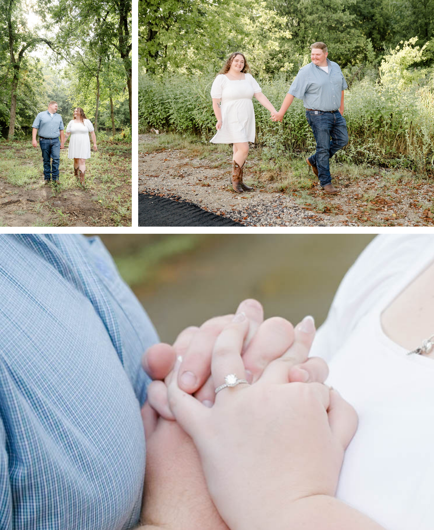 Couple walking hand in hand on a wooded forest path during an outdoor engagement photo session.