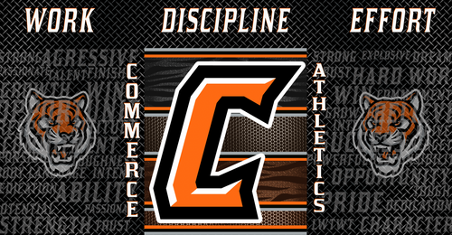Sports logo design with orange letter C surrounded by text WORK DISCIPLINE EFFORT and tiger mascot emblems on black background.