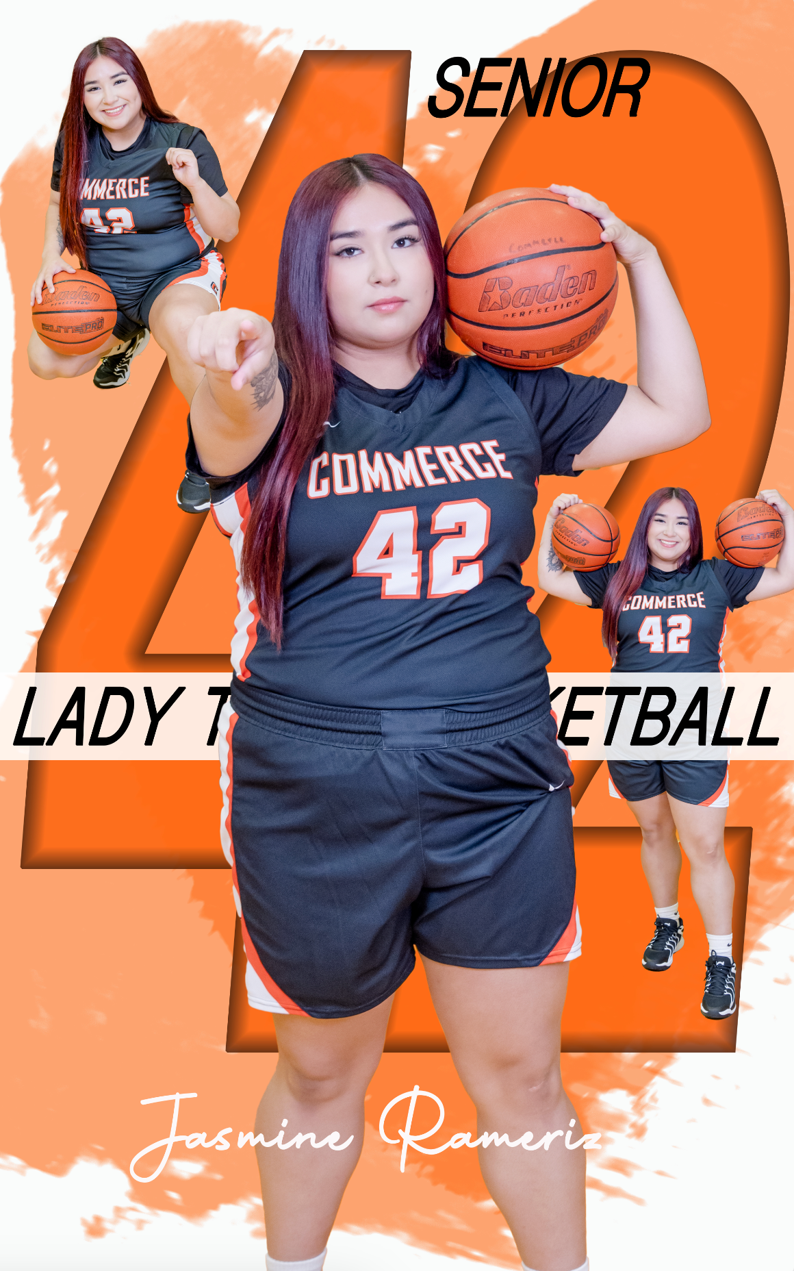 Athletic portrait showing Commerce basketball player #42 in navy uniform against orange background with multiple action poses.