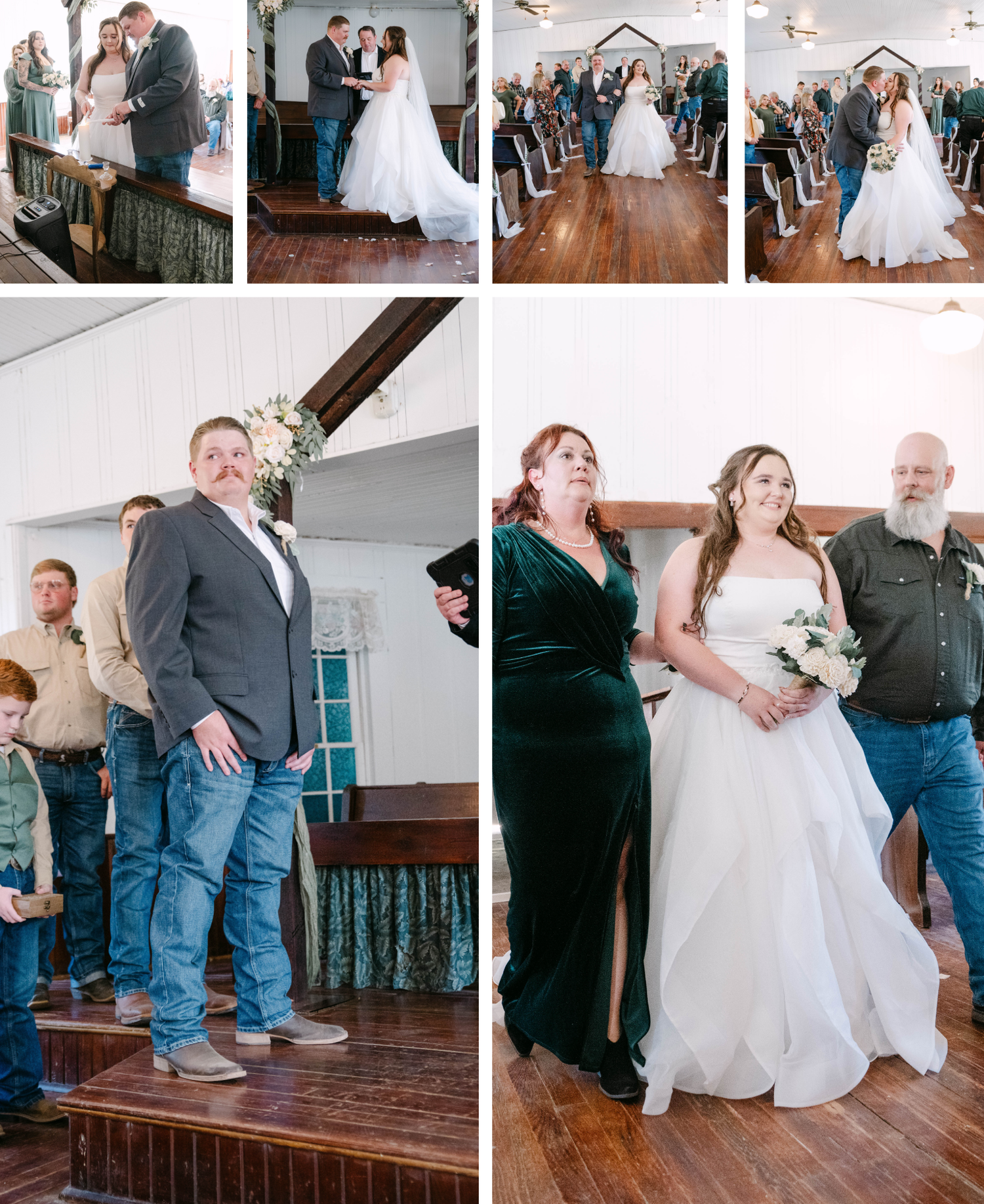 A wedding celebration in a rustic venue with a wooden floor and staircase showing joyful moments throughout the day.