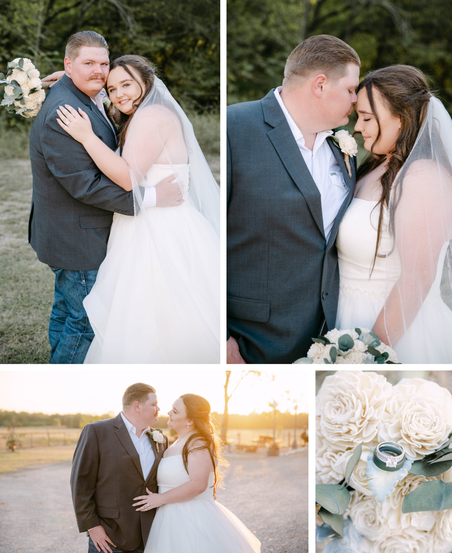 A romantic wedding photo collage showing intimate moments between newlyweds against natural outdoor settings at sunset.