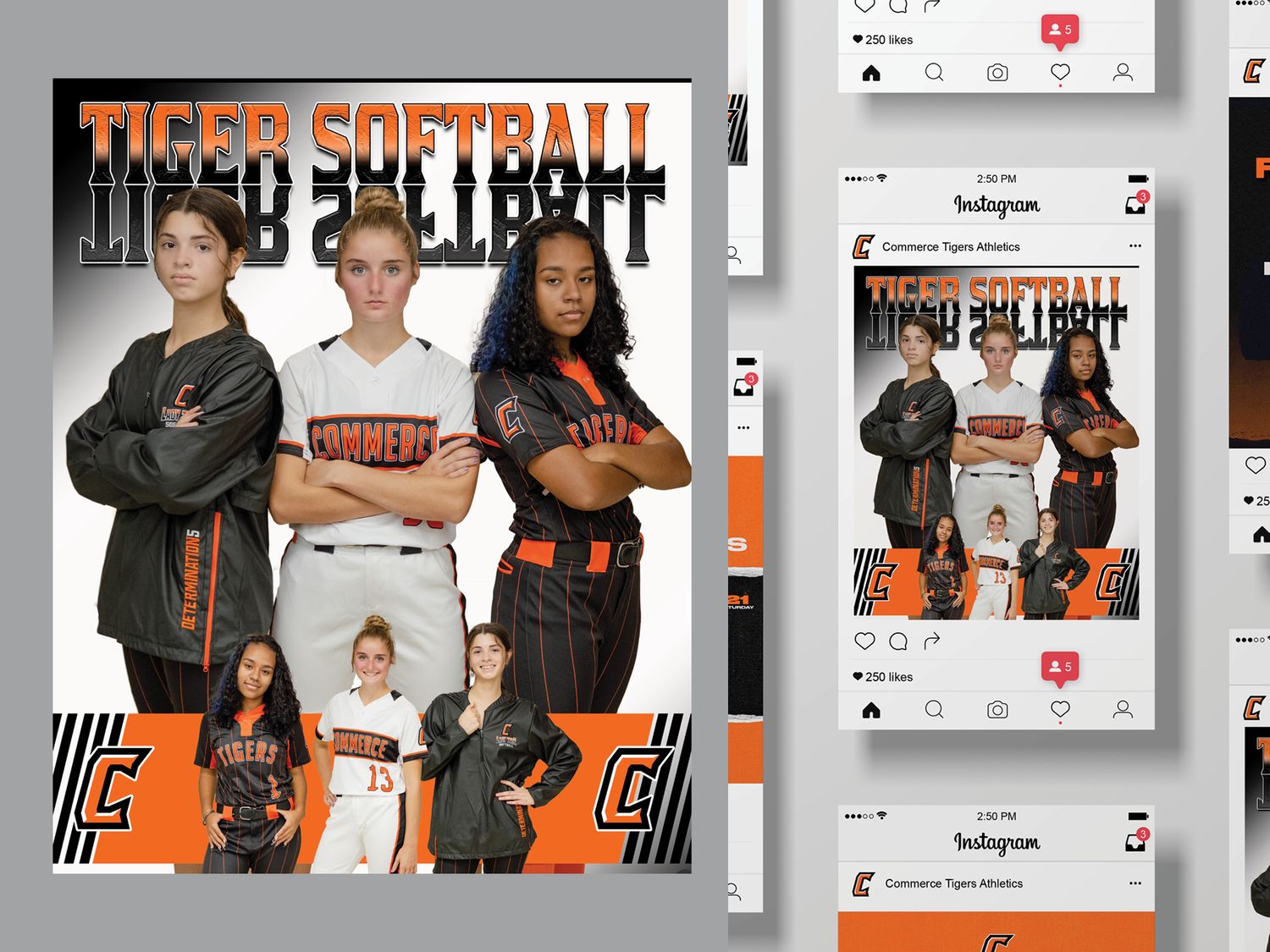 Softball team photo layout featuring mobile app mockups and athletes in orange and black uniforms.