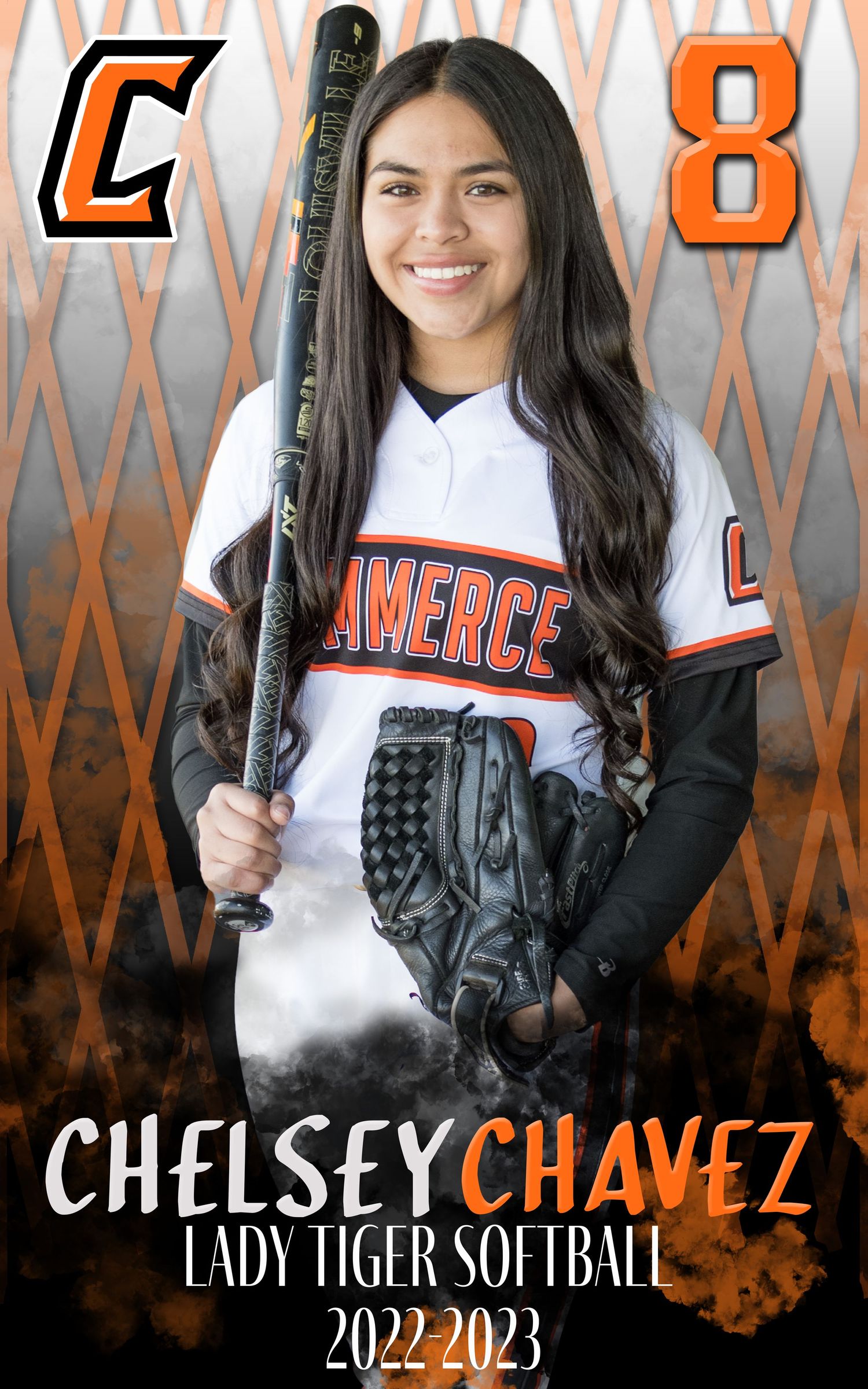 A softball player in a white and orange Commerce jersey poses with a bat and glove against a geometric background.