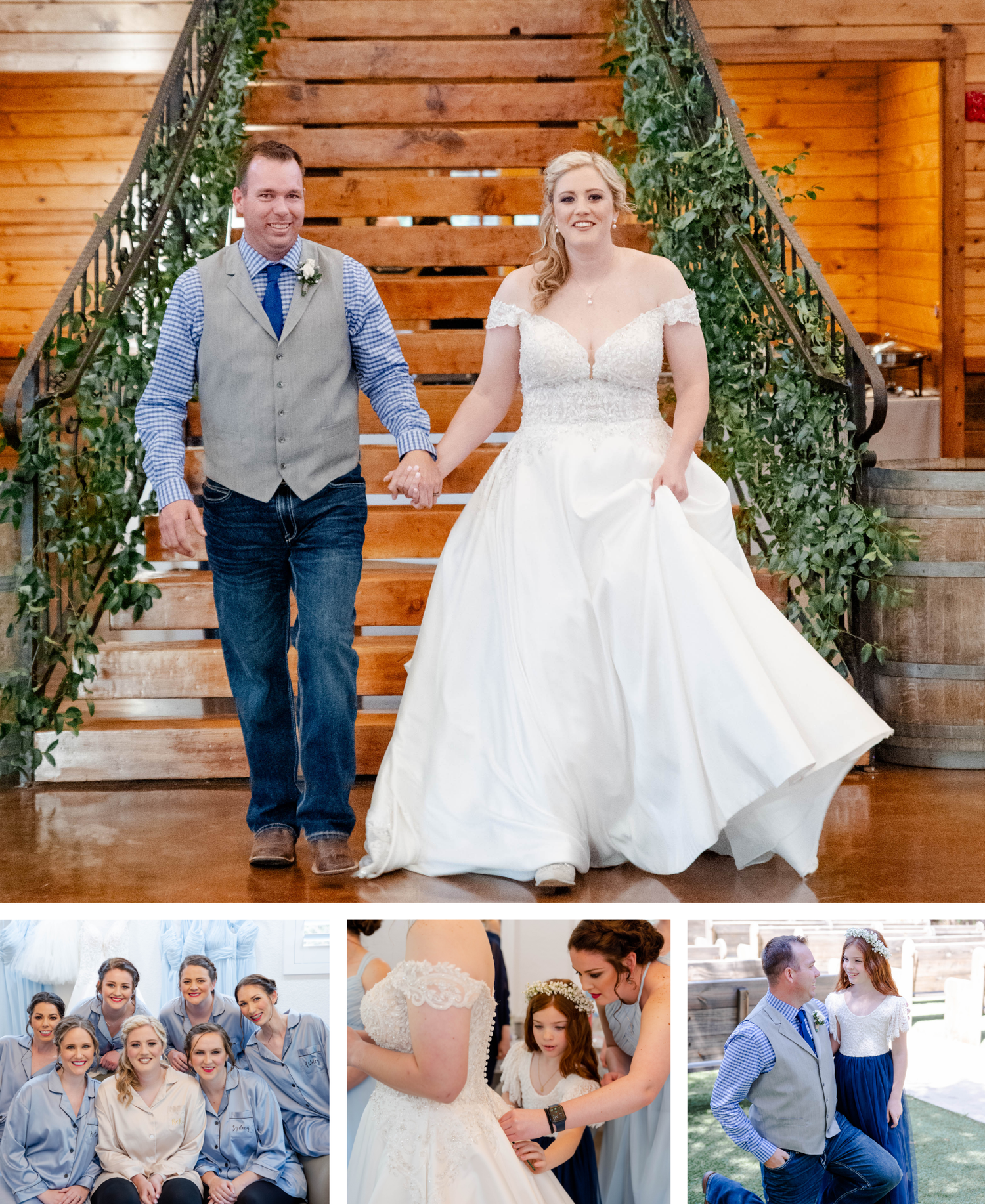 A rustic barn wedding venue decorated with greenery and wine barrels features a bride in a white gown and guests in blue attire.