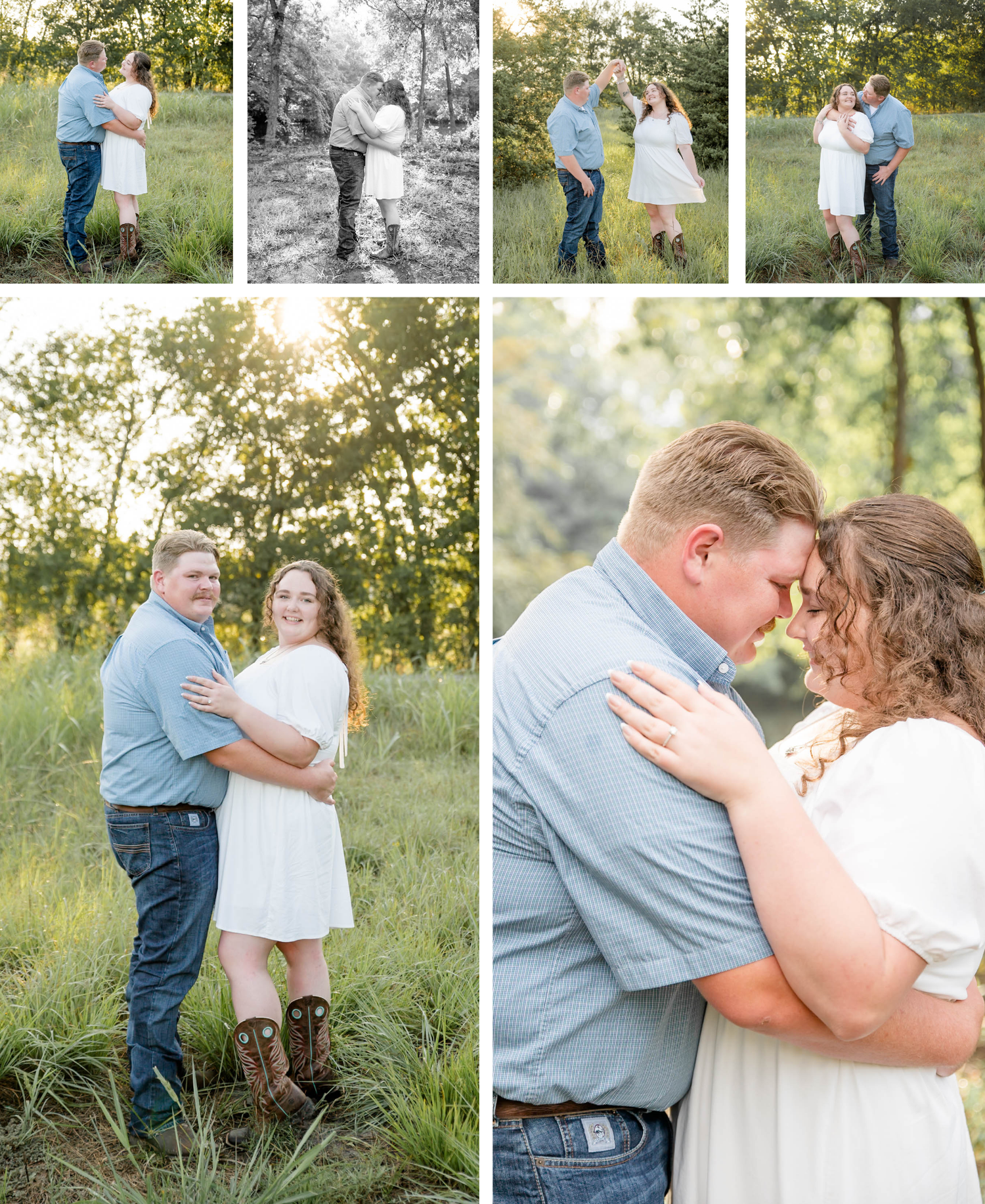 A loving couple shares tender moments in a lush outdoor setting wearing coordinating white and blue outfits during a photoshoot.