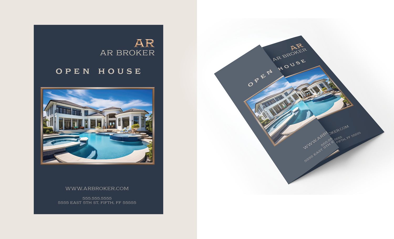 Dark blue real estate open house brochure design featuring modern home with swimming pool in both front and side views.