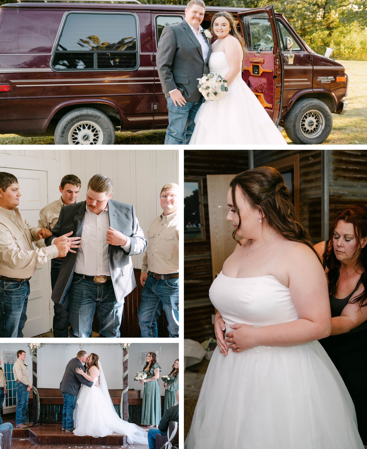 Wedding party members and guests celebrate at an outdoor venue with vintage vehicles in the background.
