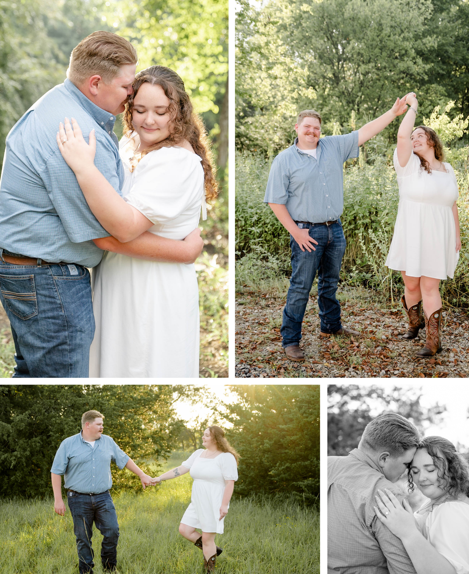 A romantic summer engagement photoshoot in a lush green outdoor setting with soft natural lighting.