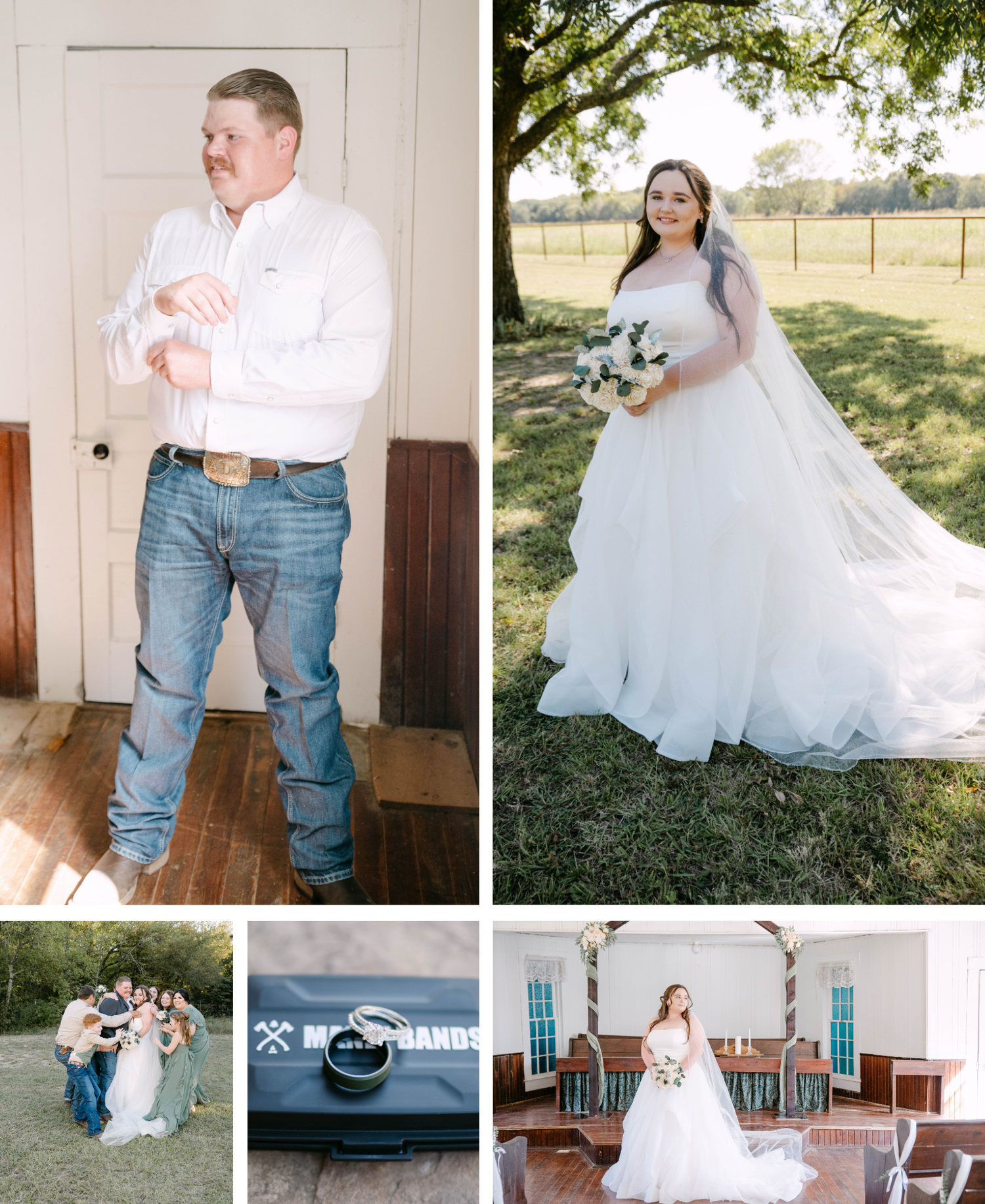 A series of wedding photos showing details of a white gown, cowboy boots, and outdoor rustic venue settings.