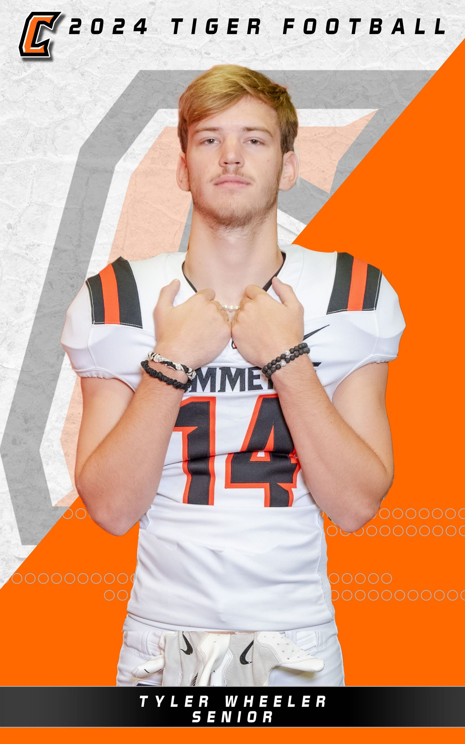 2024 Tiger Football sports promotional image featuring player number 14 in white uniform against orange and gray background.