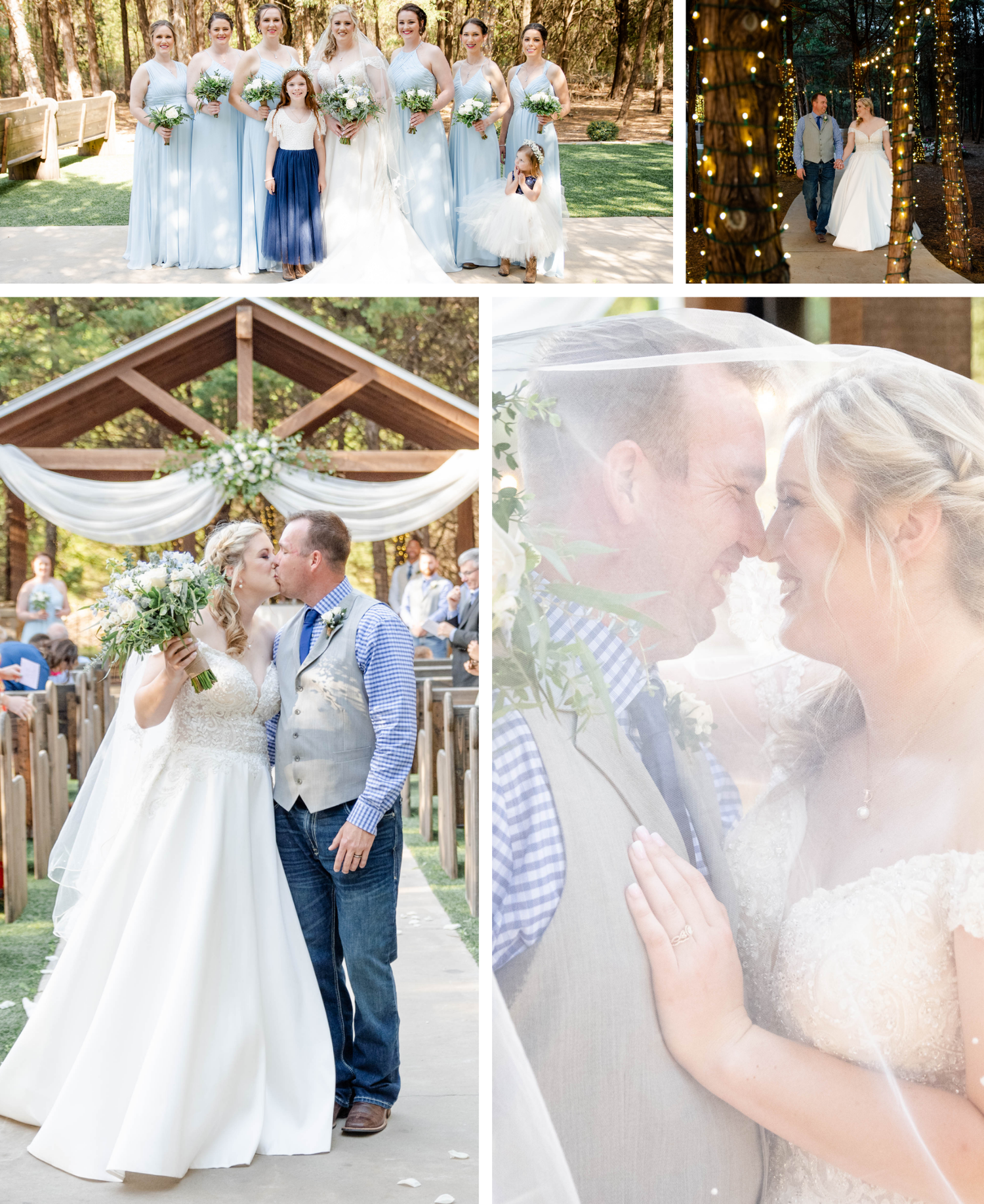 A wedding photo collage featuring a bride in white with bridesmaids in light blue dresses at a rustic outdoor venue decorated with lights.