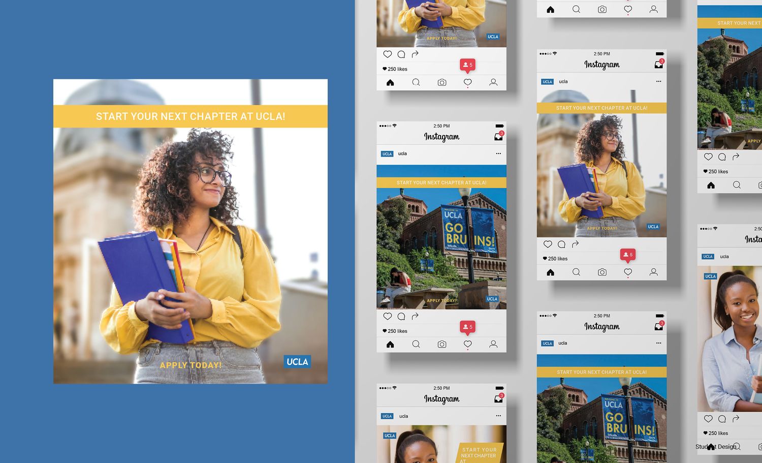 A collection of mobile social media app interface mockups featuring lifestyle photos and design elements.