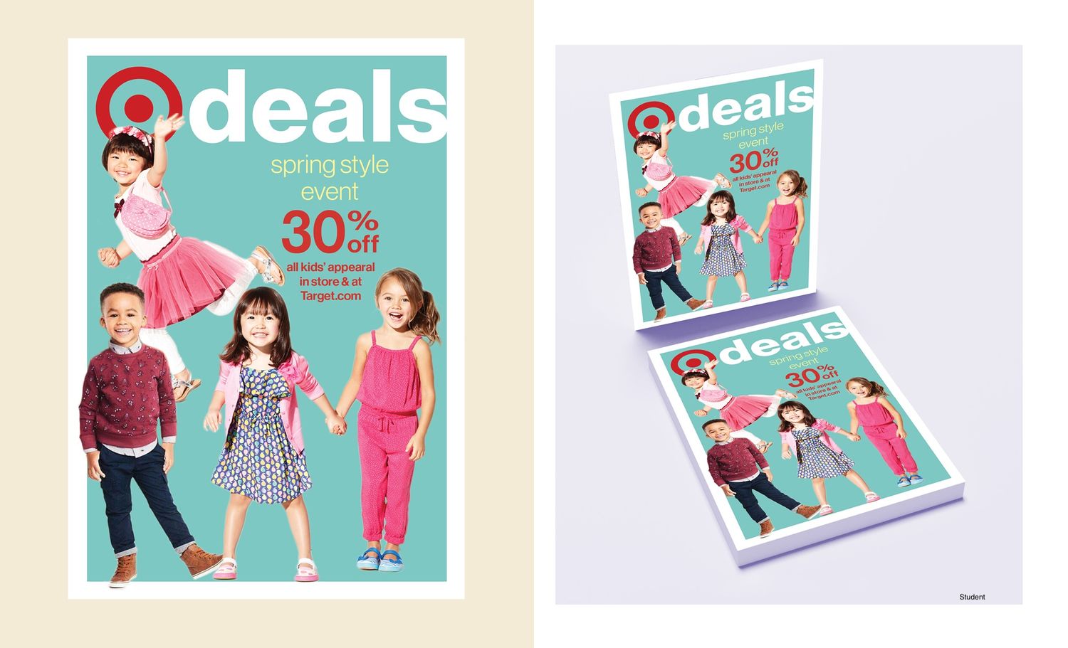 Retail deals promotion catalog mockup showing double spread and cover designs.