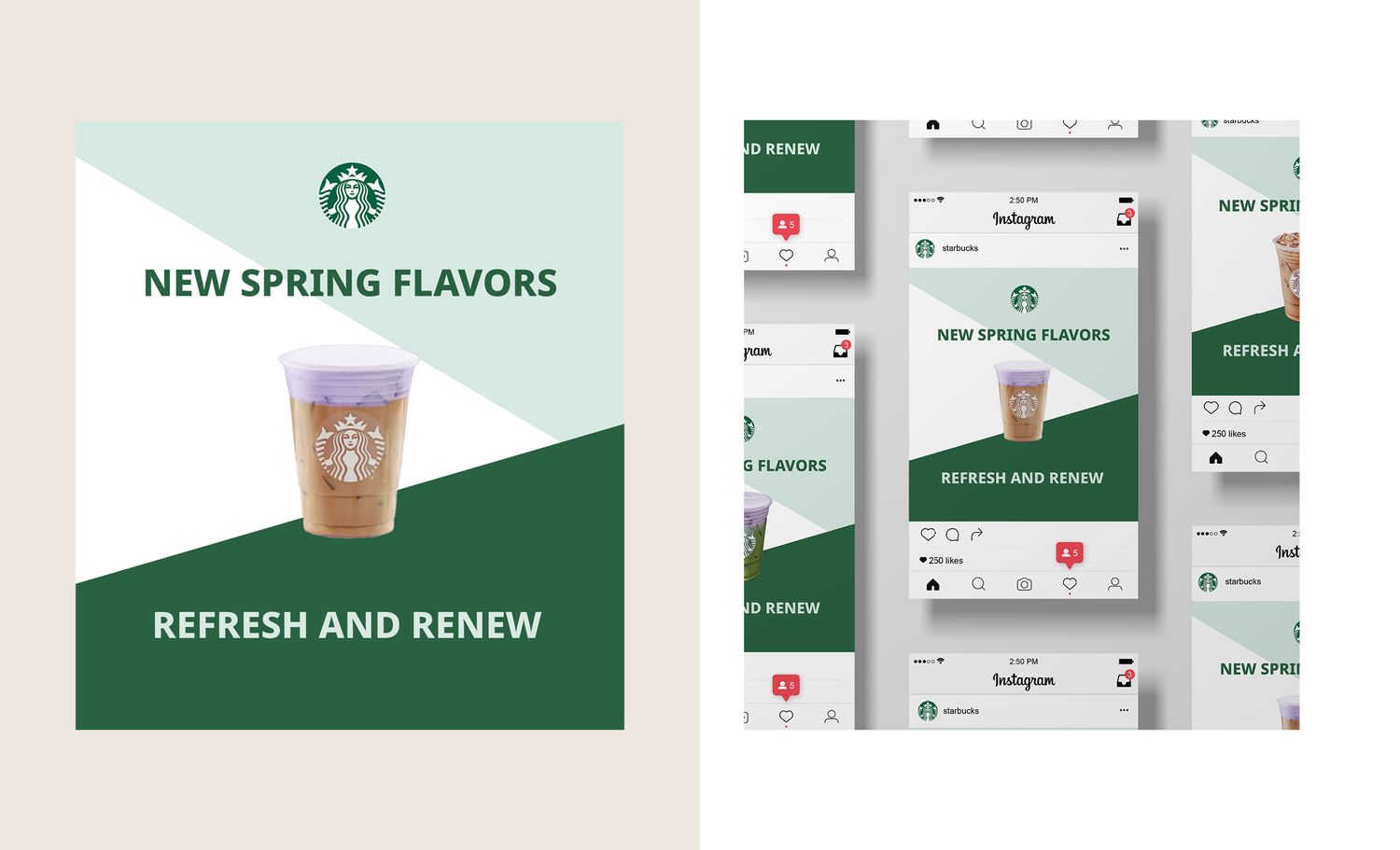 Marketing collage showing Starbucks spring seasonal promotion with green and white branding across social media posts and ads.