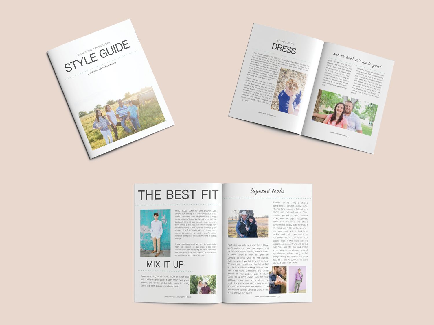 A style guide magazine mockup showing three views of an open fashion publication with photos and text layouts on pink background.