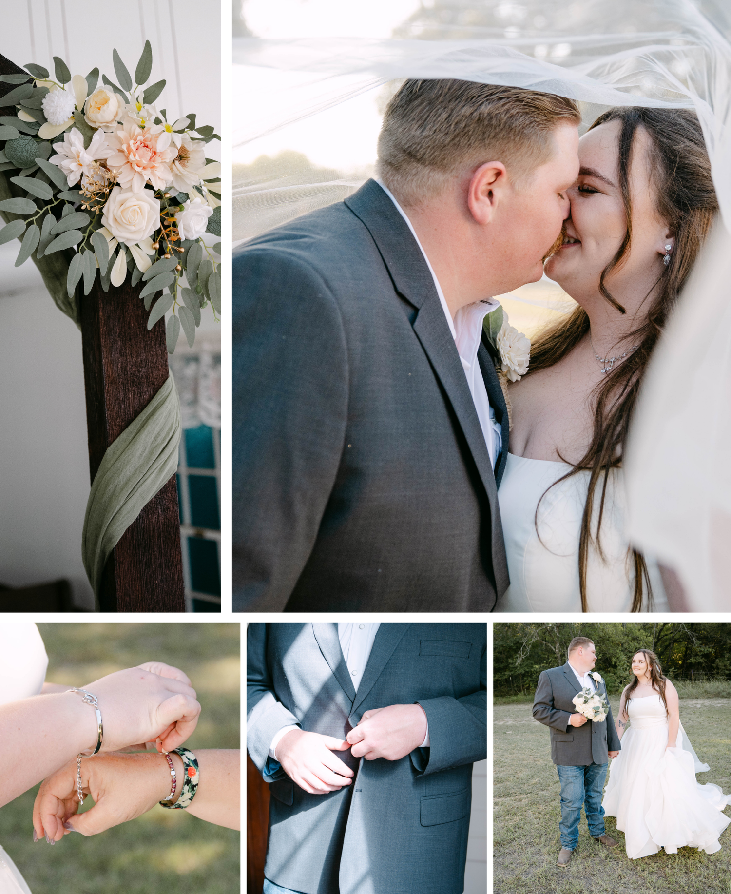 A wedding collage featuring floral arrangements, ring details, and formal attire in soft, romantic tones.