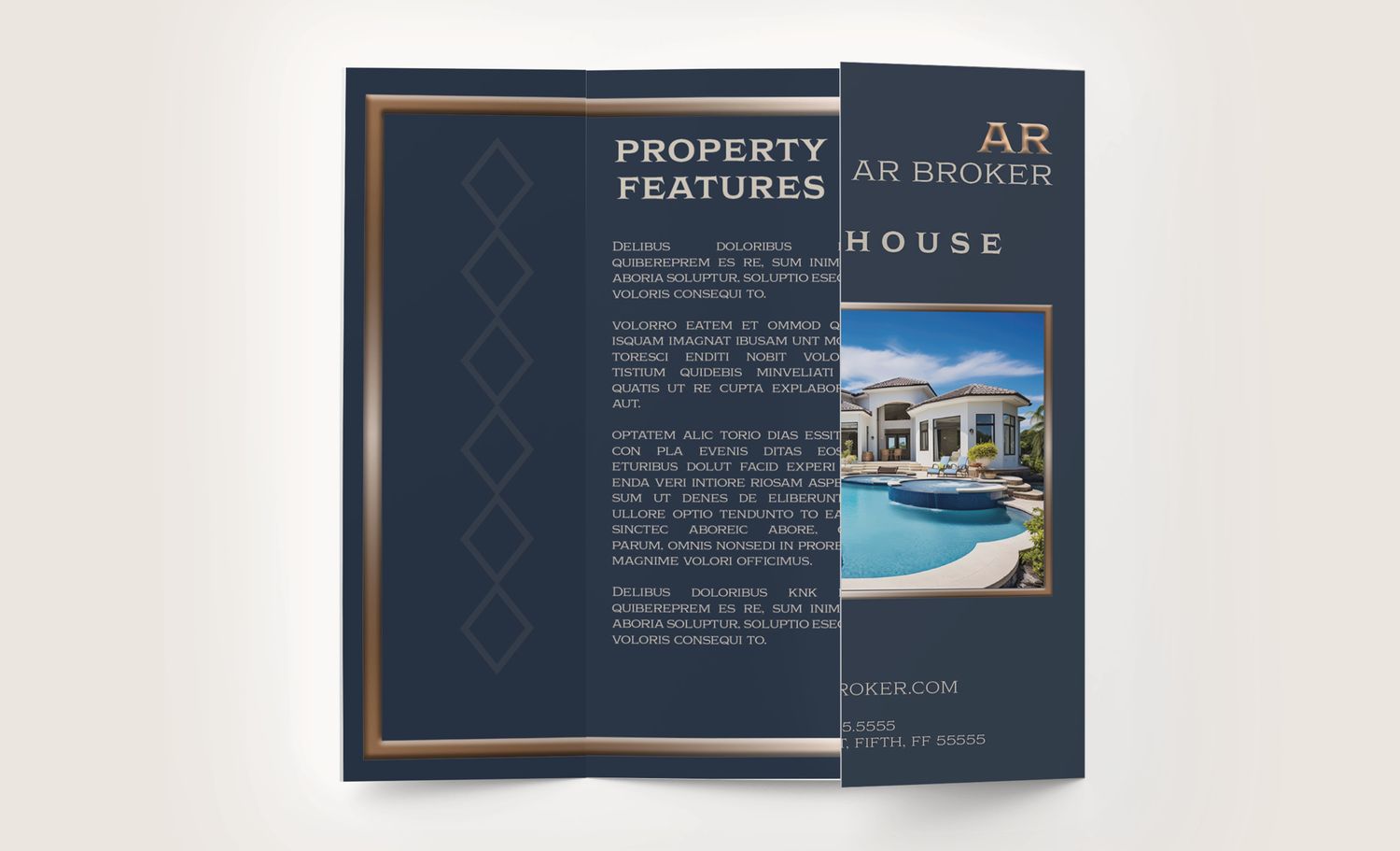 A tri-fold real estate brochure featuring property features and a luxury home with swimming pool against a dark background.