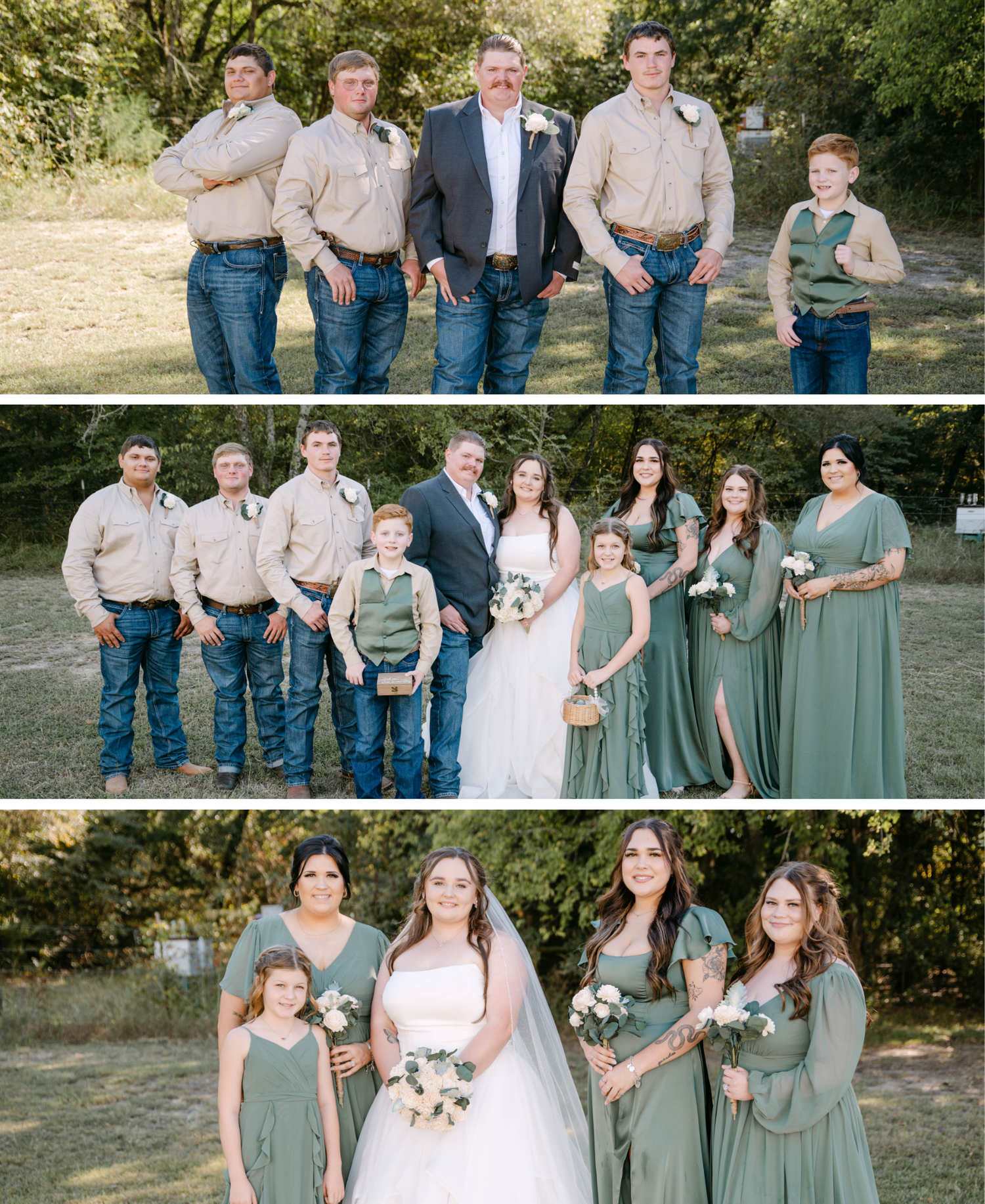 A wedding party poses outdoors with groomsmen in khaki and bridesmaids in sage green dresses.