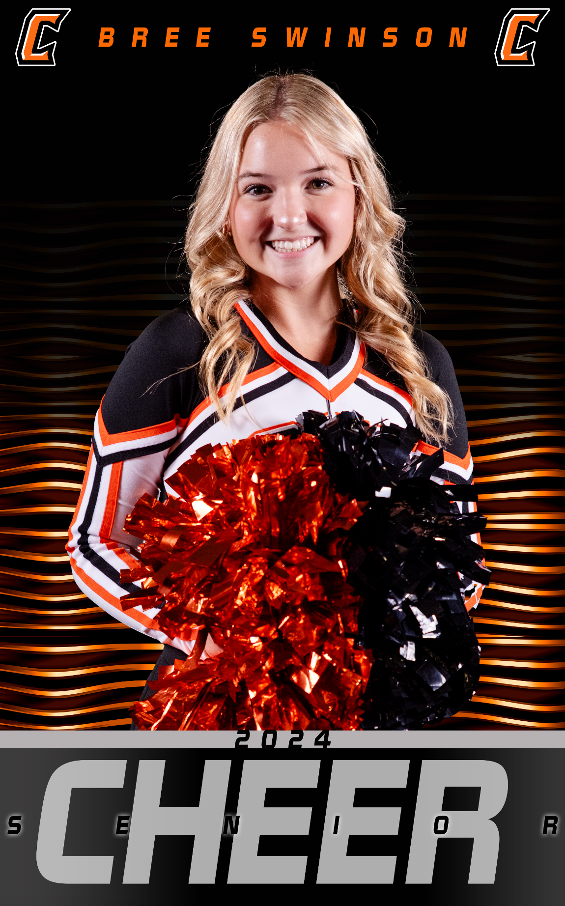 Senior cheerleader portrait featuring performer in navy and white uniform holding red and black pom poms against dark backdrop.