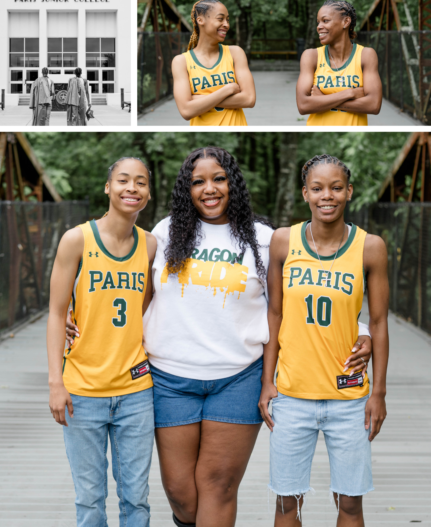Three students wearing yellow Paris sports jerseys and casual attire pose together for a photo on a path outdoors.