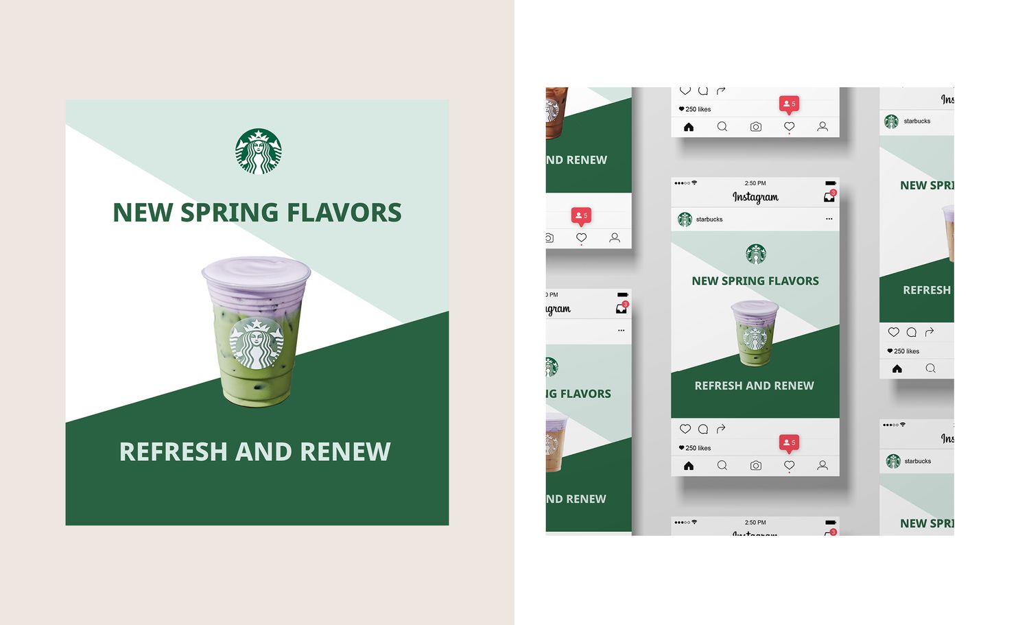 Starbucks spring campaign social media grid layout showcasing new seasonal beverages in mint green theme.