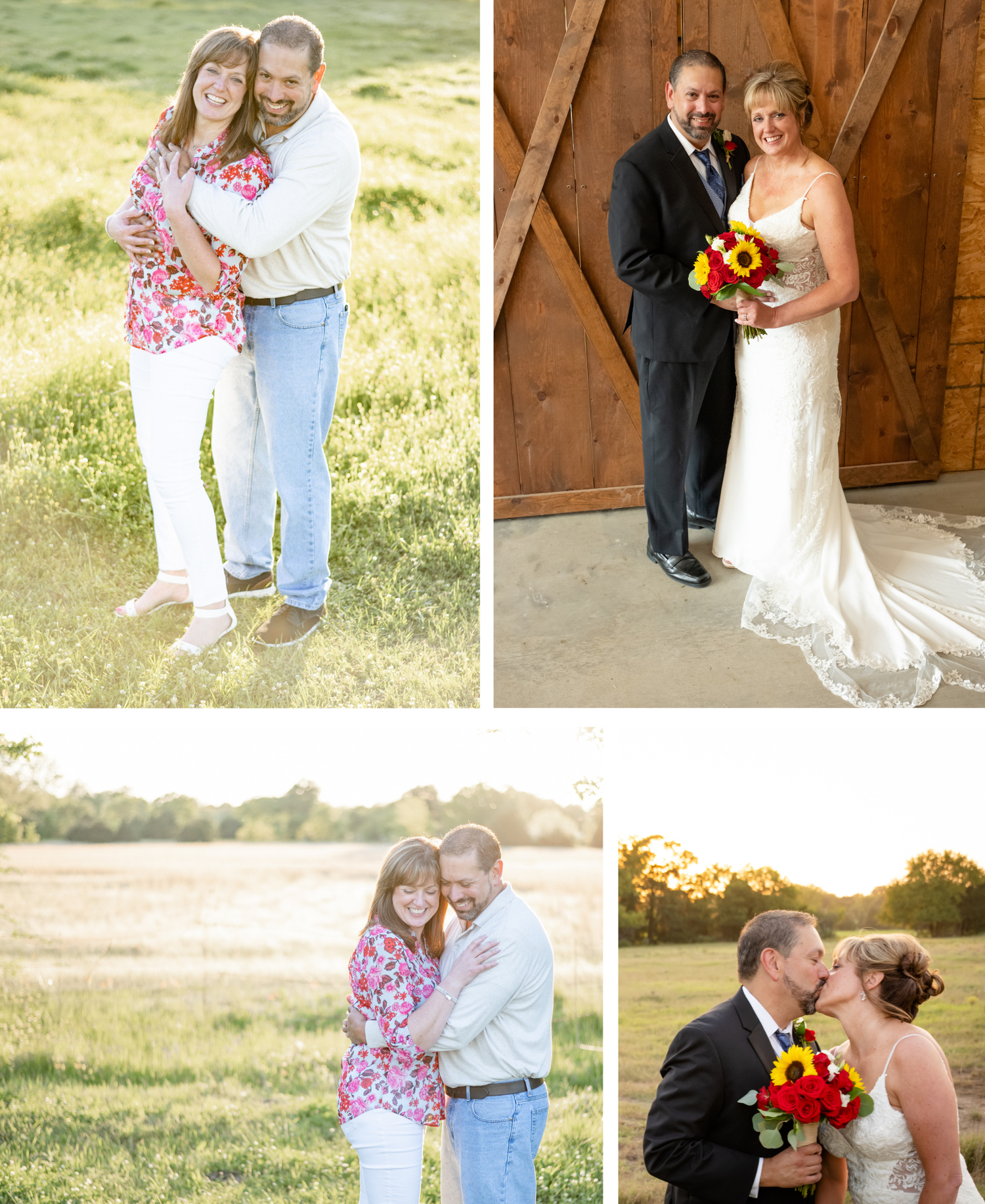 A couple poses outdoors in a sunny meadow at golden hour, before and after their rustic barn wedding celebration.
