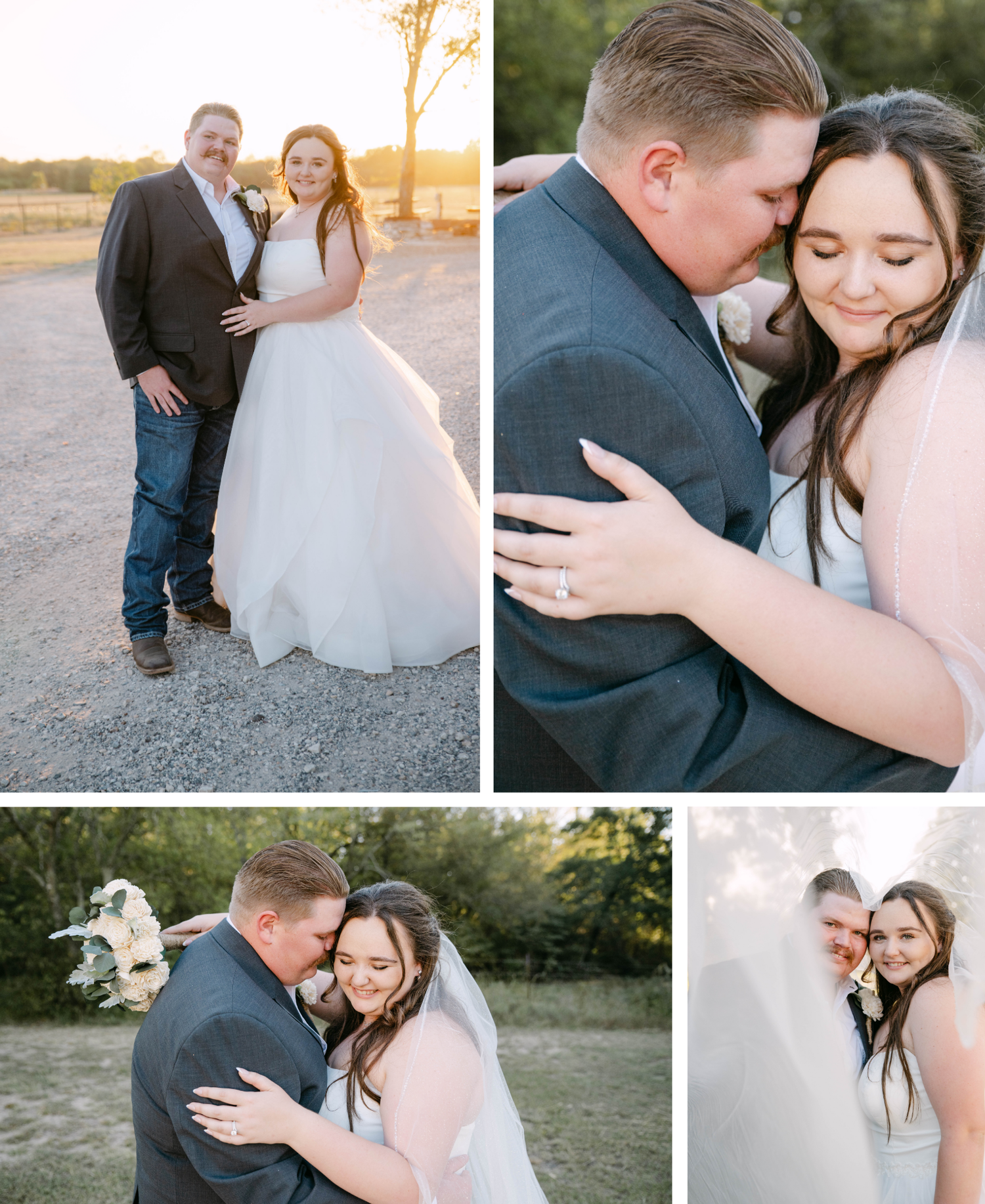 A romantic photoshoot at sunset shows a couple sharing tender moments together in an outdoor setting.