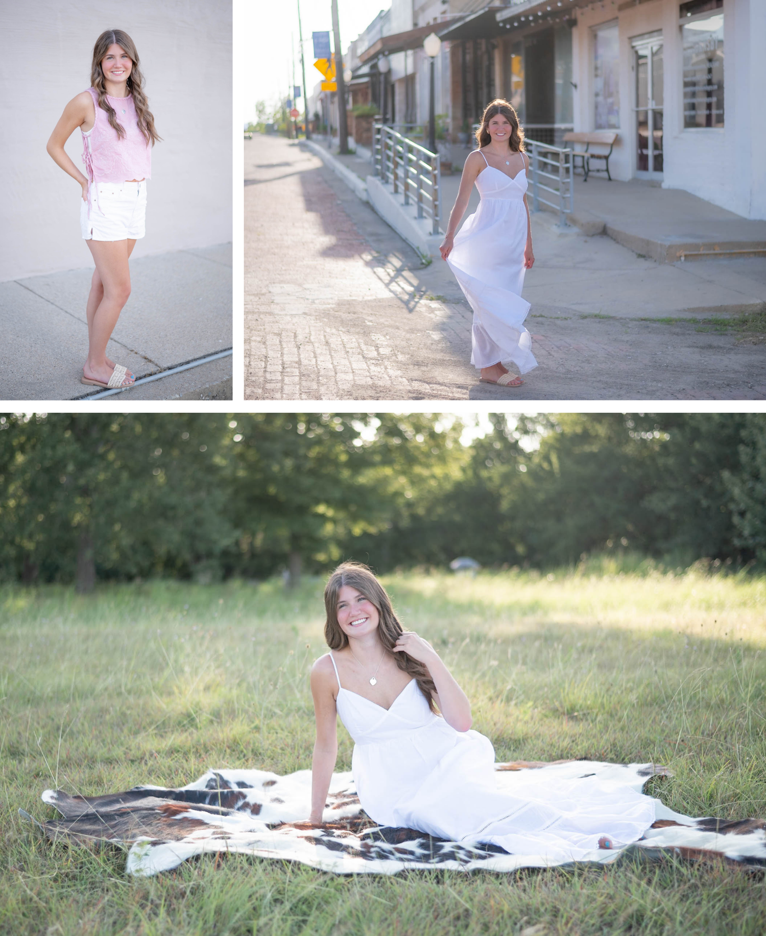 A trio of outdoor portrait photos featuring someone in casual and formal white attire against urban and natural settings.