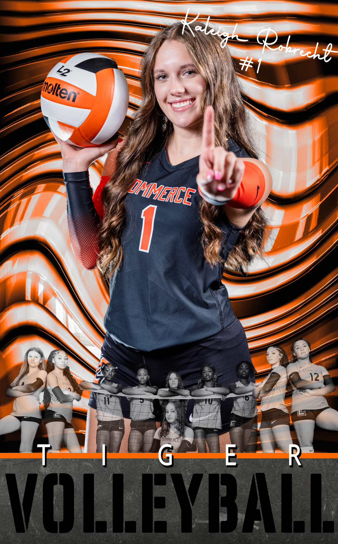 A volleyball player wearing jersey number 1 poses with a volleyball against an orange and black striped background design.