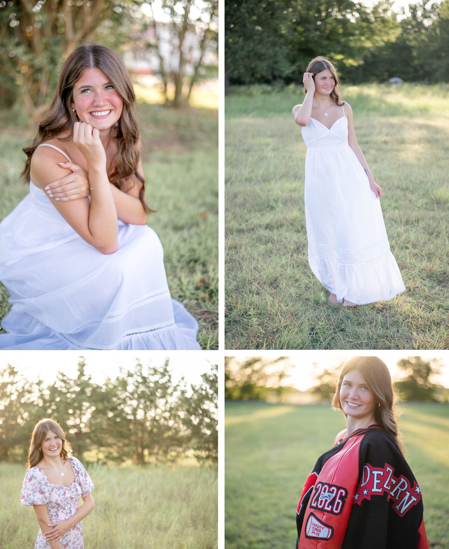 A collection of outdoor portraits featuring someone in a flowing white dress and letter jacket in a sunlit field at golden hour.