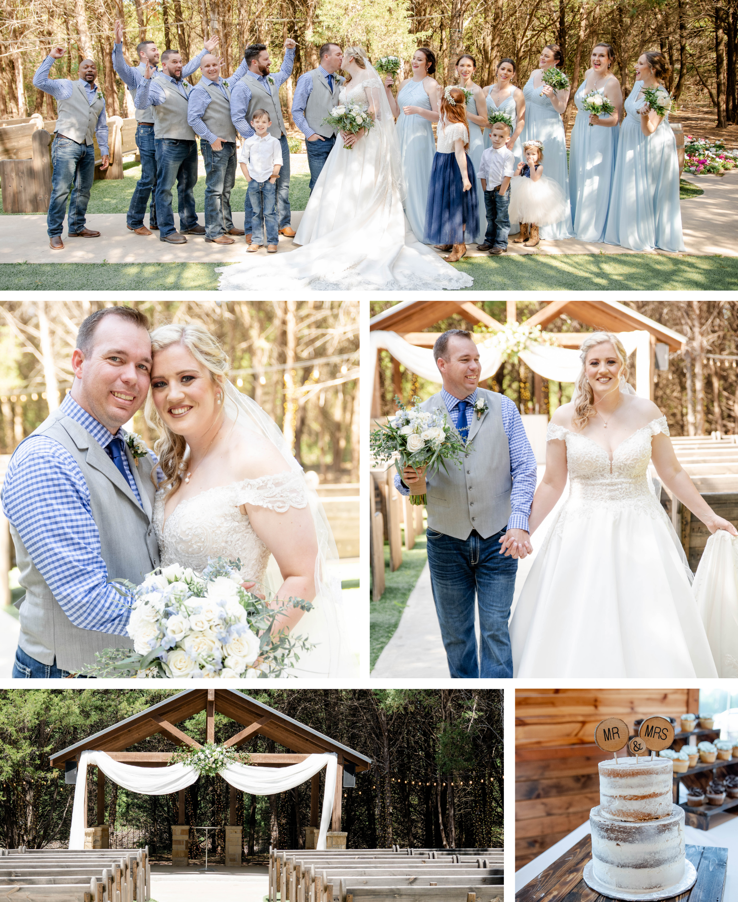 Wedding party in light blue attire poses outdoors in a wooded setting with rustic ceremony arch and elegant tiered cake decor.