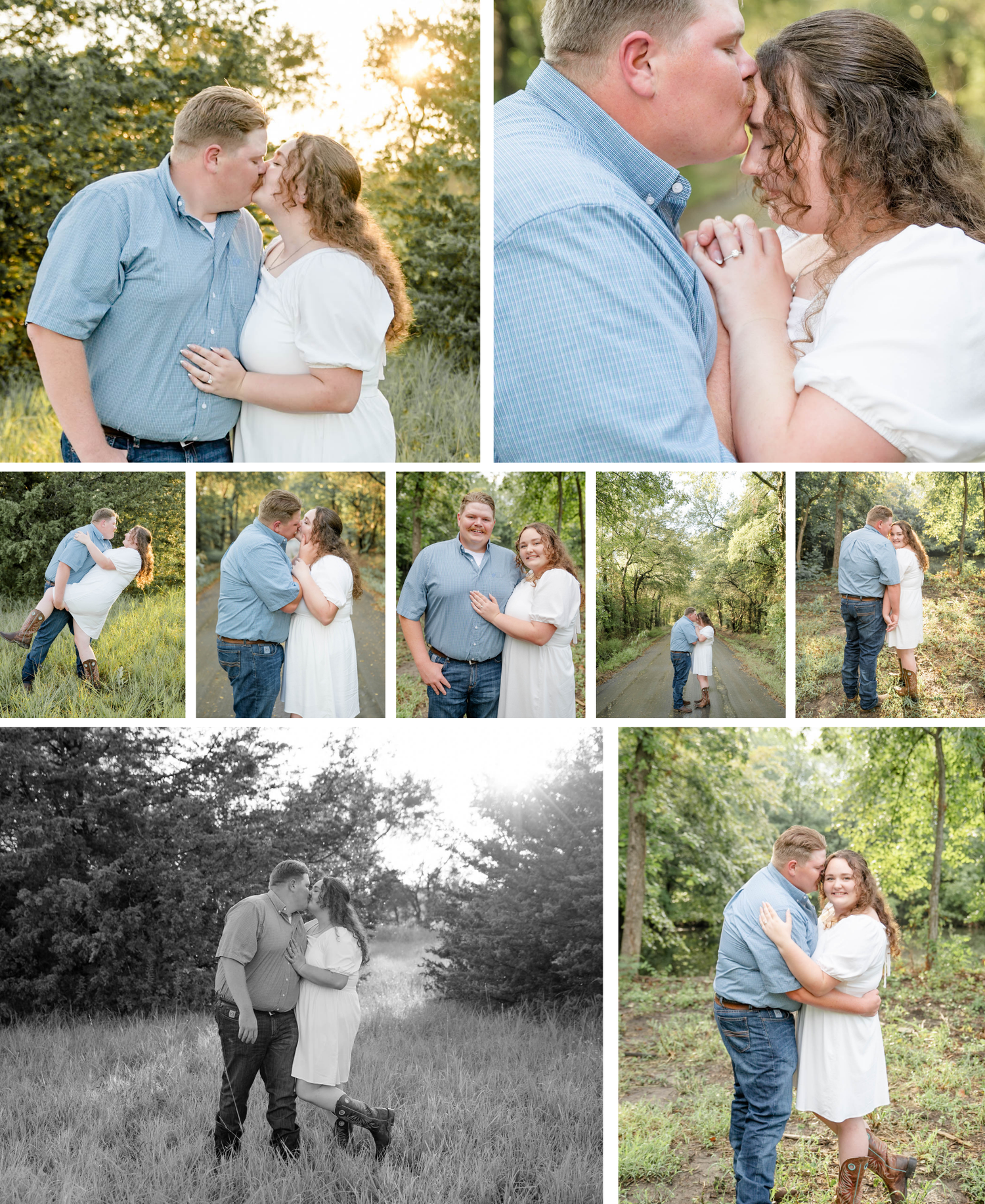 A couple shares tender moments in an outdoor photoshoot featuring light blue and white outfits against a natural backdrop.