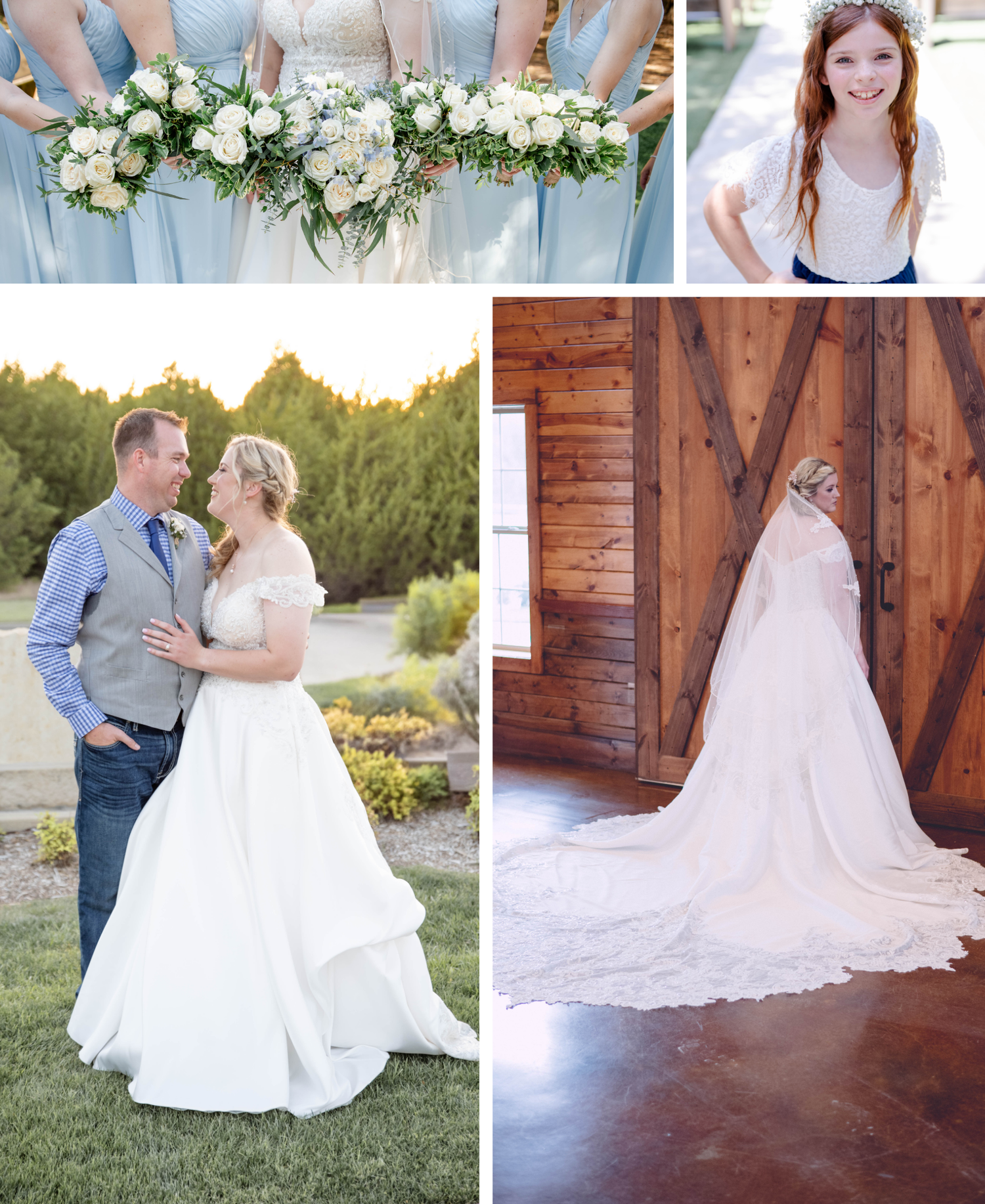 A collection of wedding photos featuring light blue bridesmaid dresses, white bouquets, and a lace wedding gown.