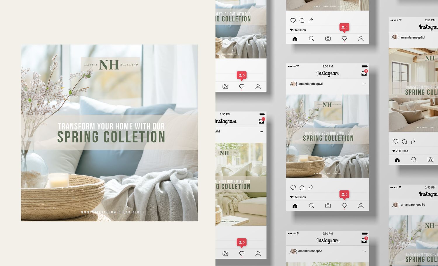 Multiple layouts of a spring collection home decor catalog showing social media posts and editorial spreads.