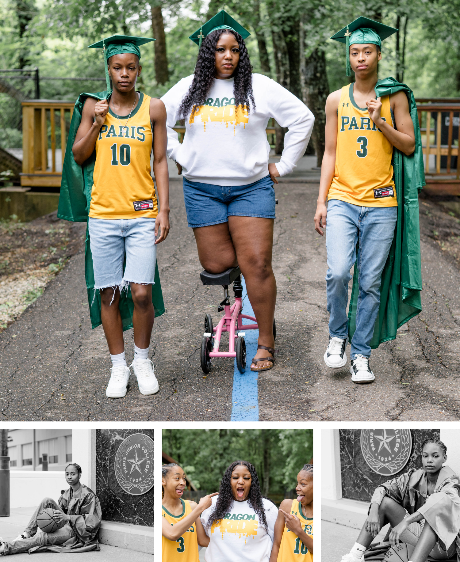Three graduates in green and gold regalia pose confidently together on a forest path during their graduation photoshoot.