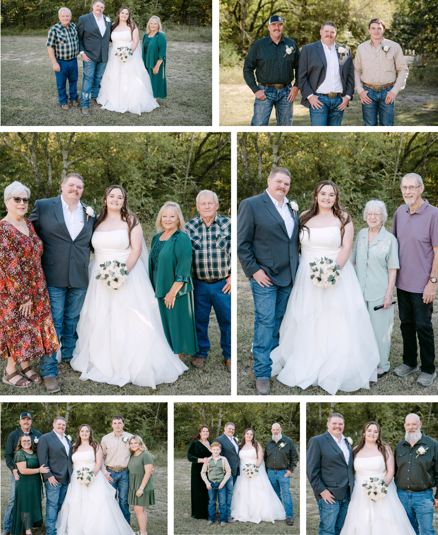 A group photo session outdoors featuring formal attire and casual clothing in a natural setting.