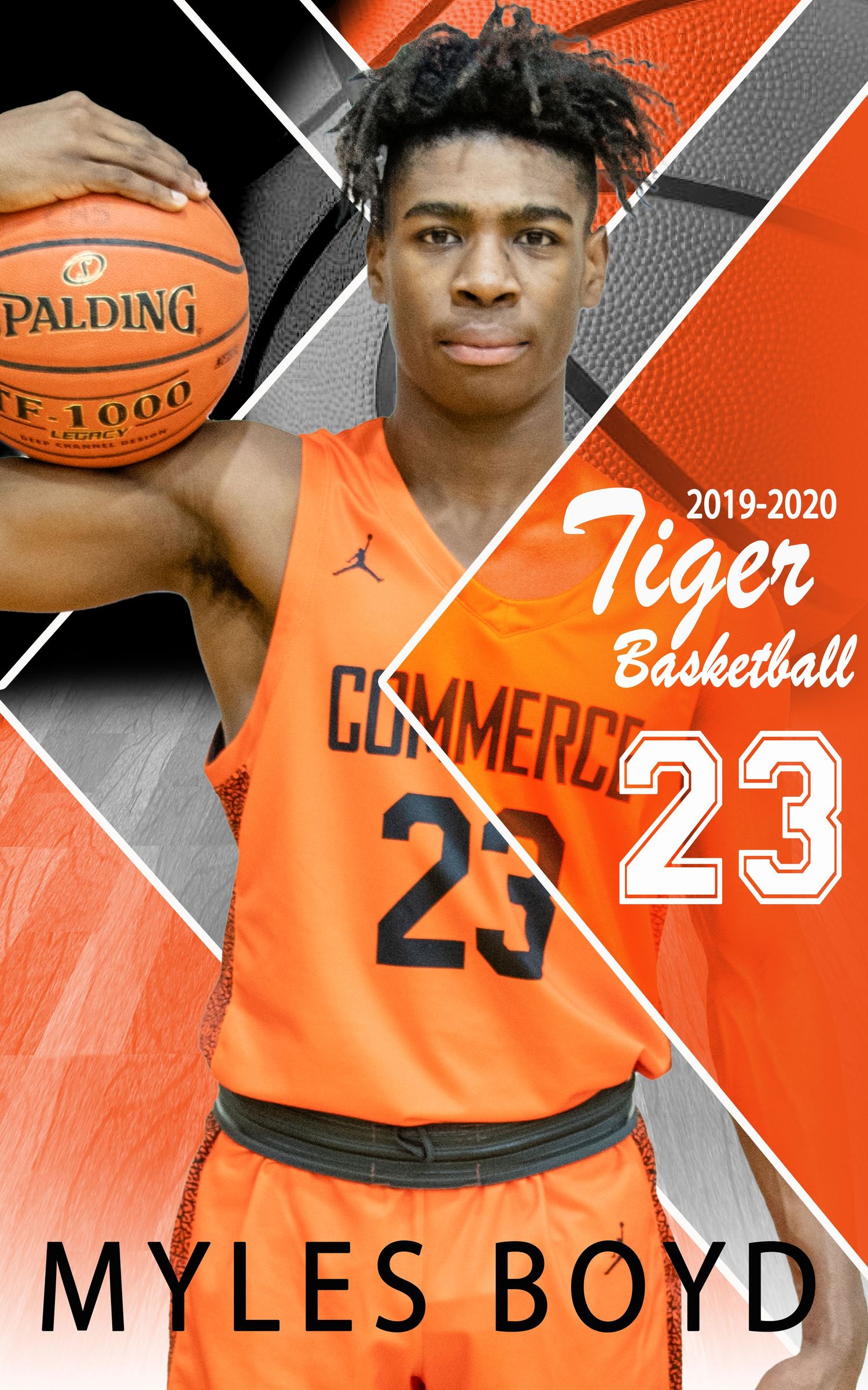 Basketball promotional photo featuring jersey number 23 from the Commerce Tigers 2019-2020 season in orange uniform.