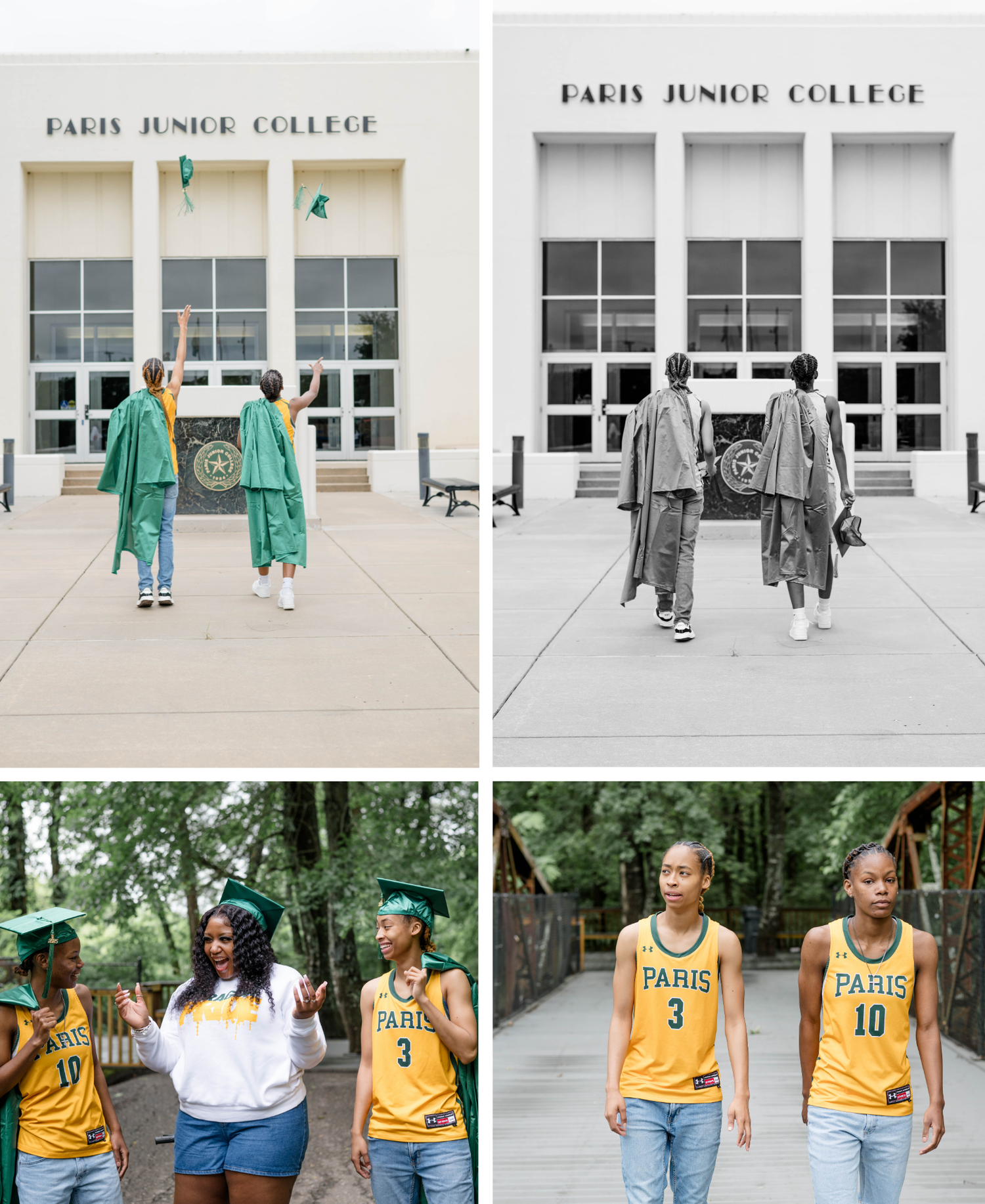 A college graduation photo collage with students celebrating in pairs wearing both green gowns and Paris Junior College jerseys.