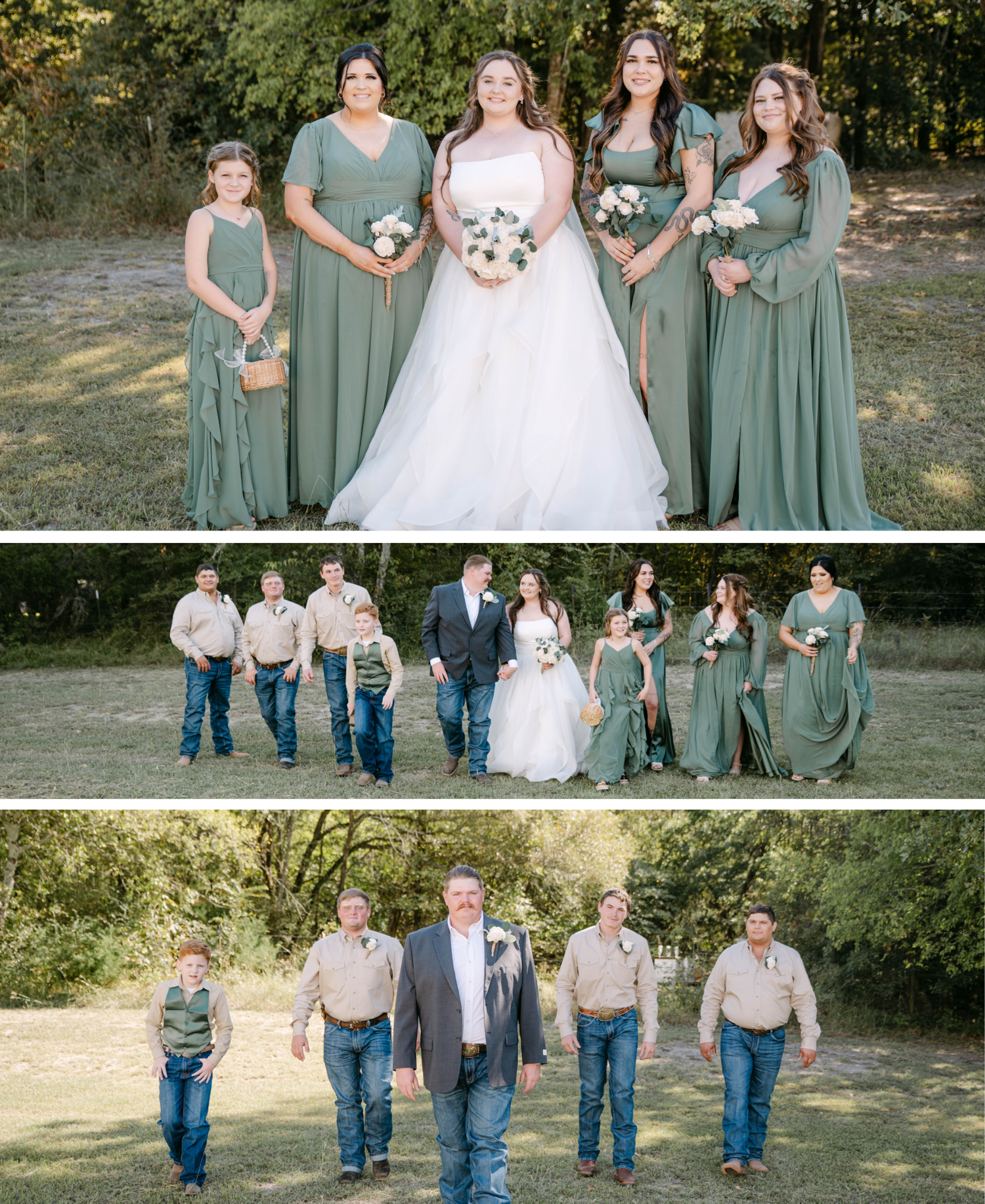 Wedding party poses outdoors in sage green dresses and denim jeans for rustic country themed celebration photos.