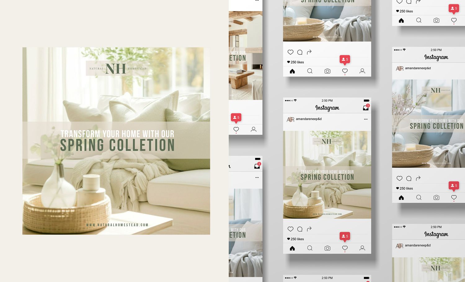 Bright and airy spring collection social media template featuring neutral tones and home decor photography.