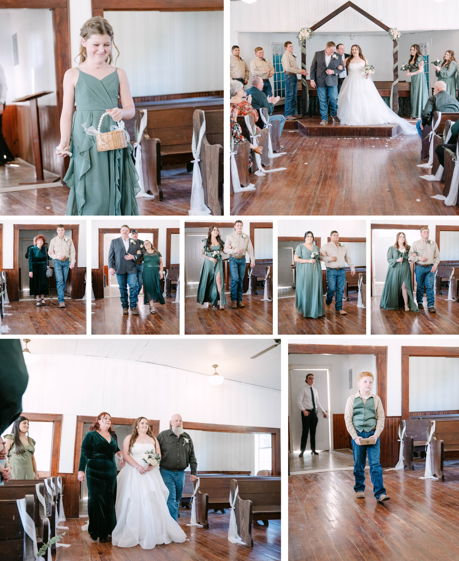 Wedding party members dance and celebrate in a rustic indoor venue with wooden floors and white walls.